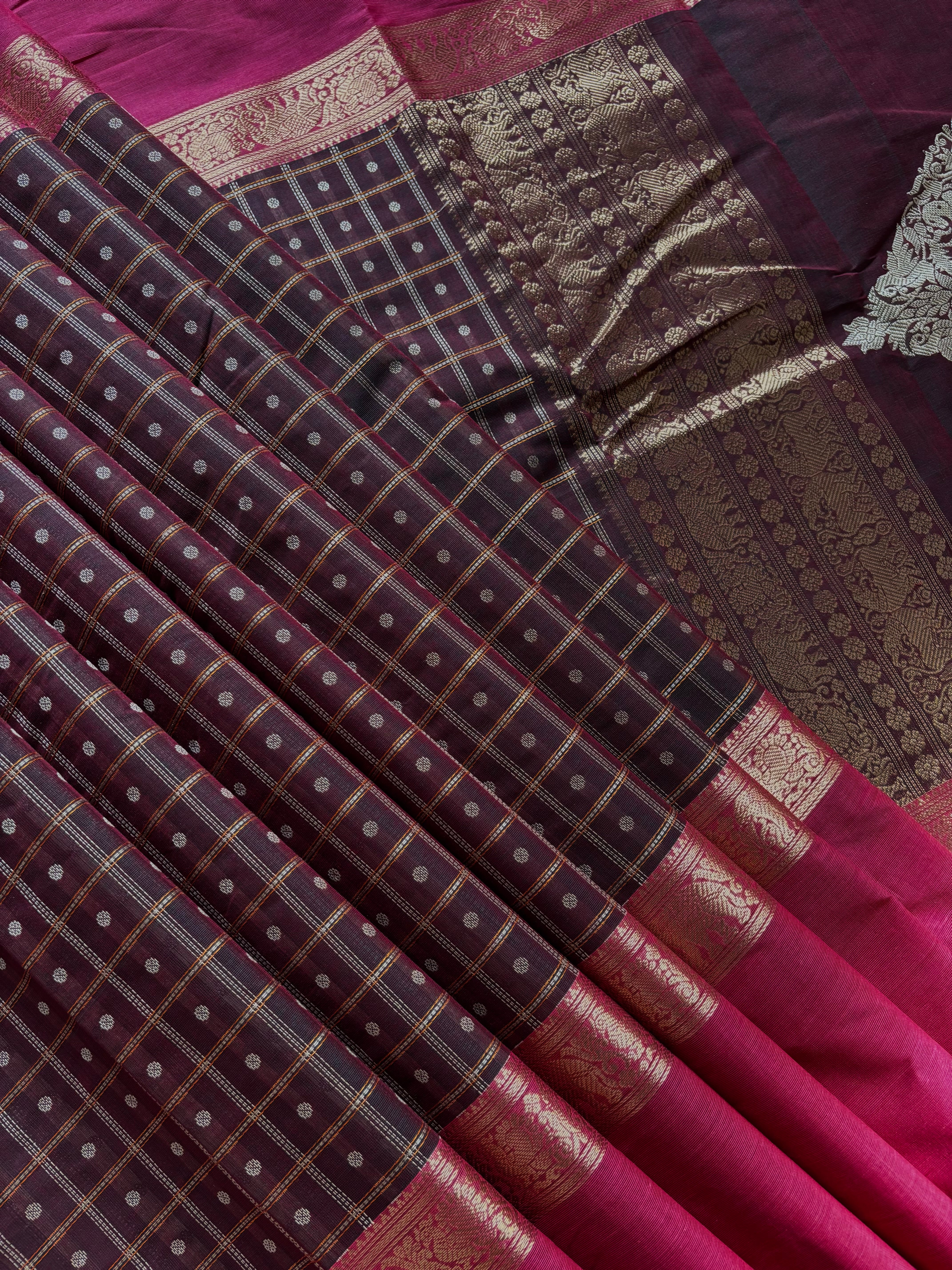 Handwoven Brown Pink Kanchipuram Cotton Saree