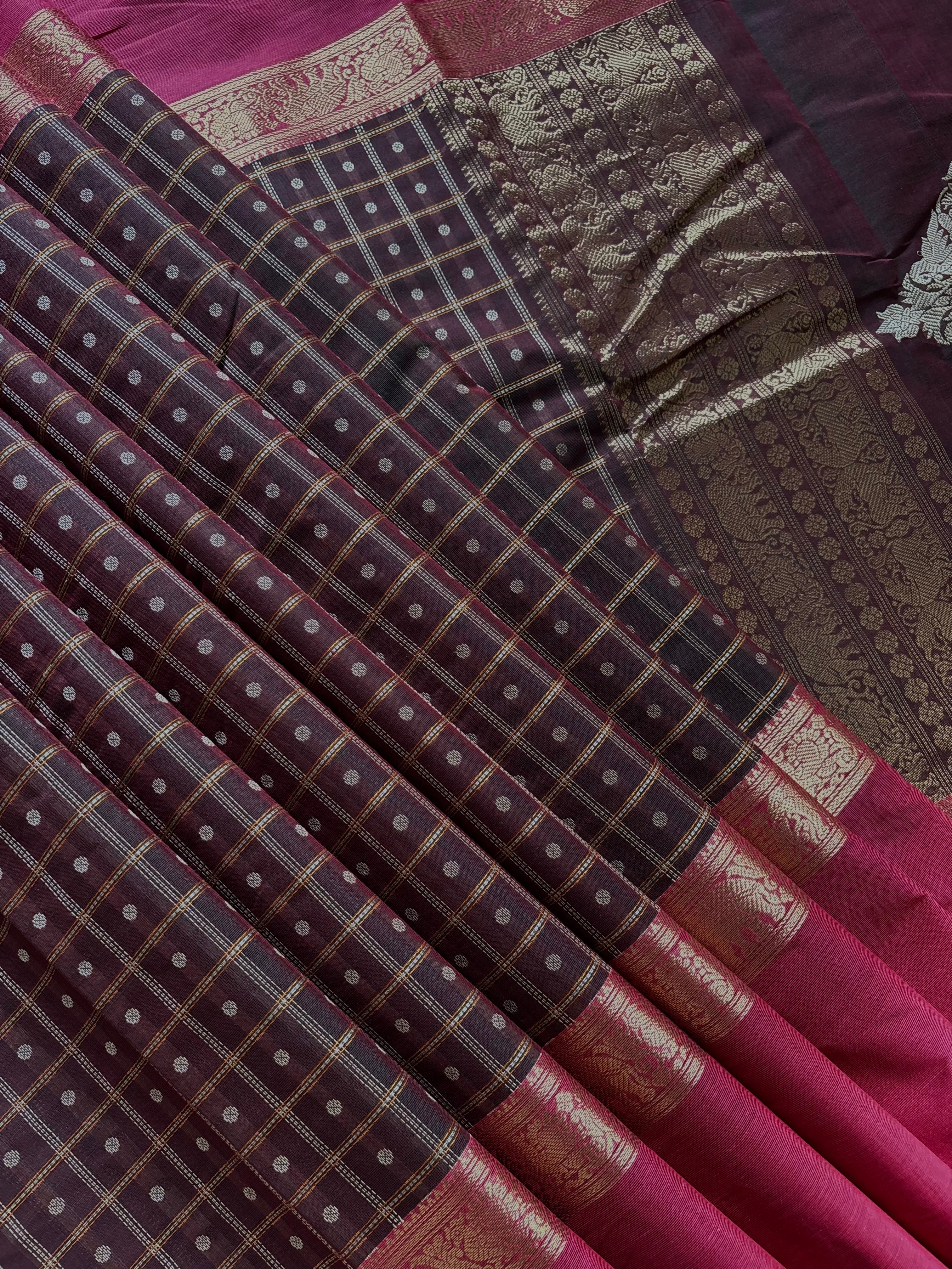 Handwoven Brown Pink Kanchipuram Cotton Saree