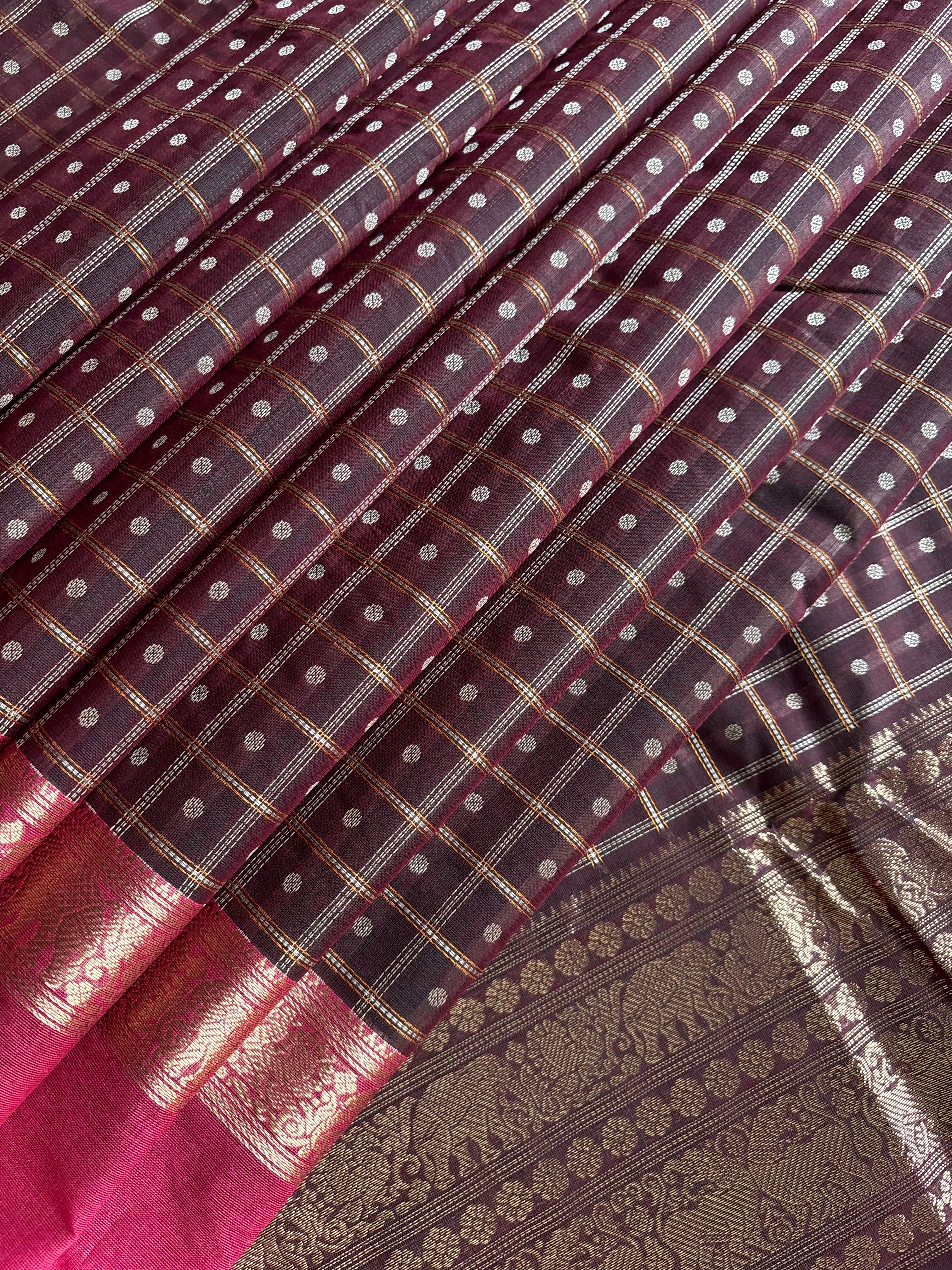Handwoven Brown Pink Kanchipuram Cotton Saree