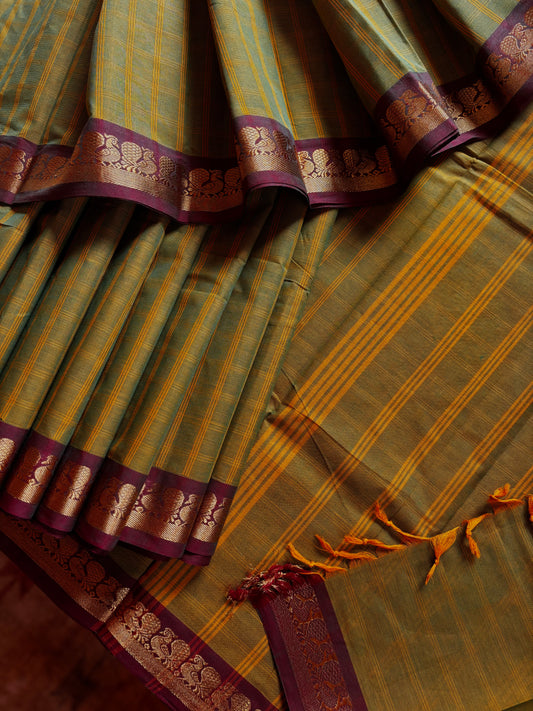 Pure Cotton Dual Toned Green Kanchi Cotton Saree