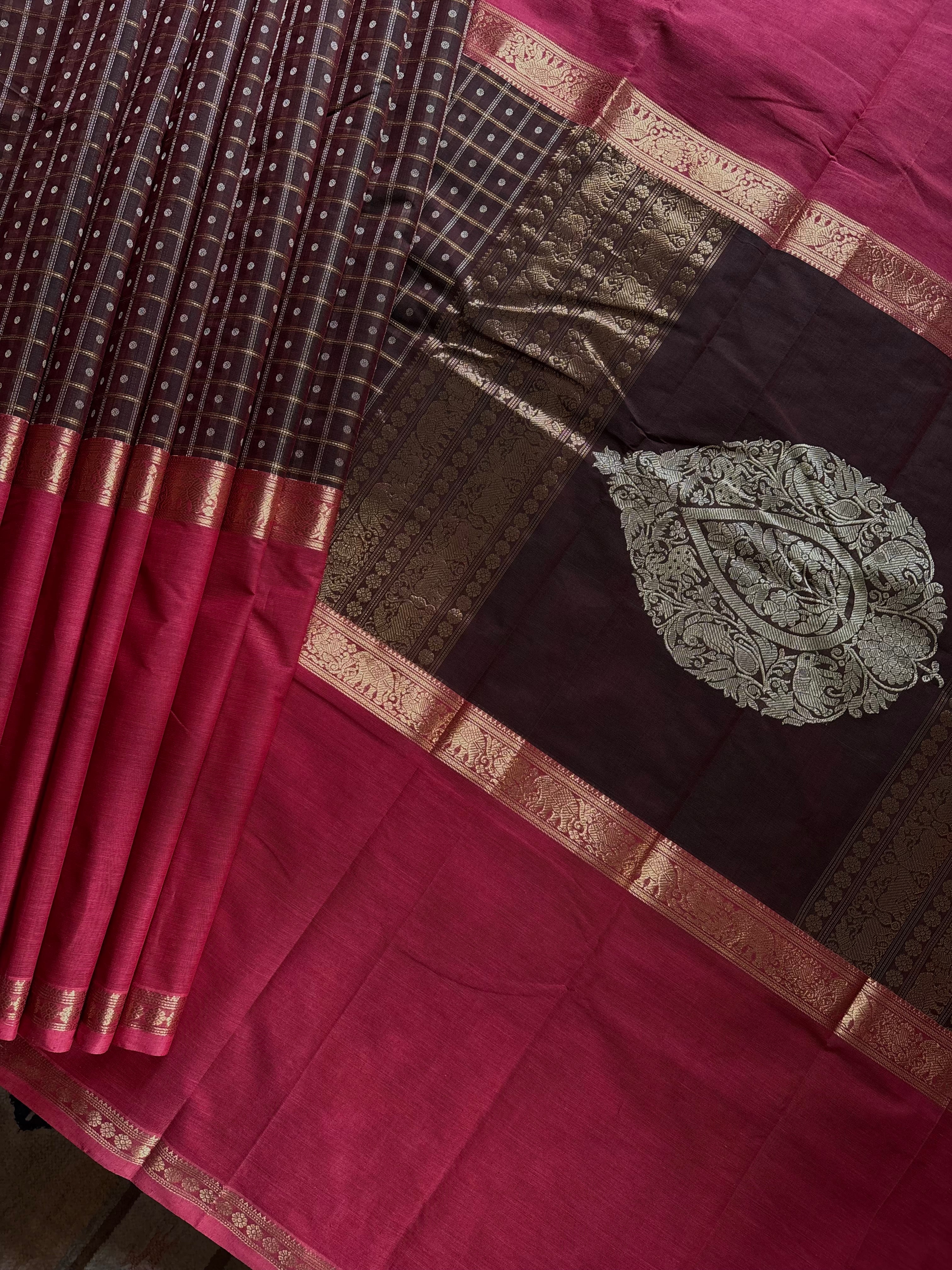 Handwoven Brown Pink Kanchipuram Cotton Saree