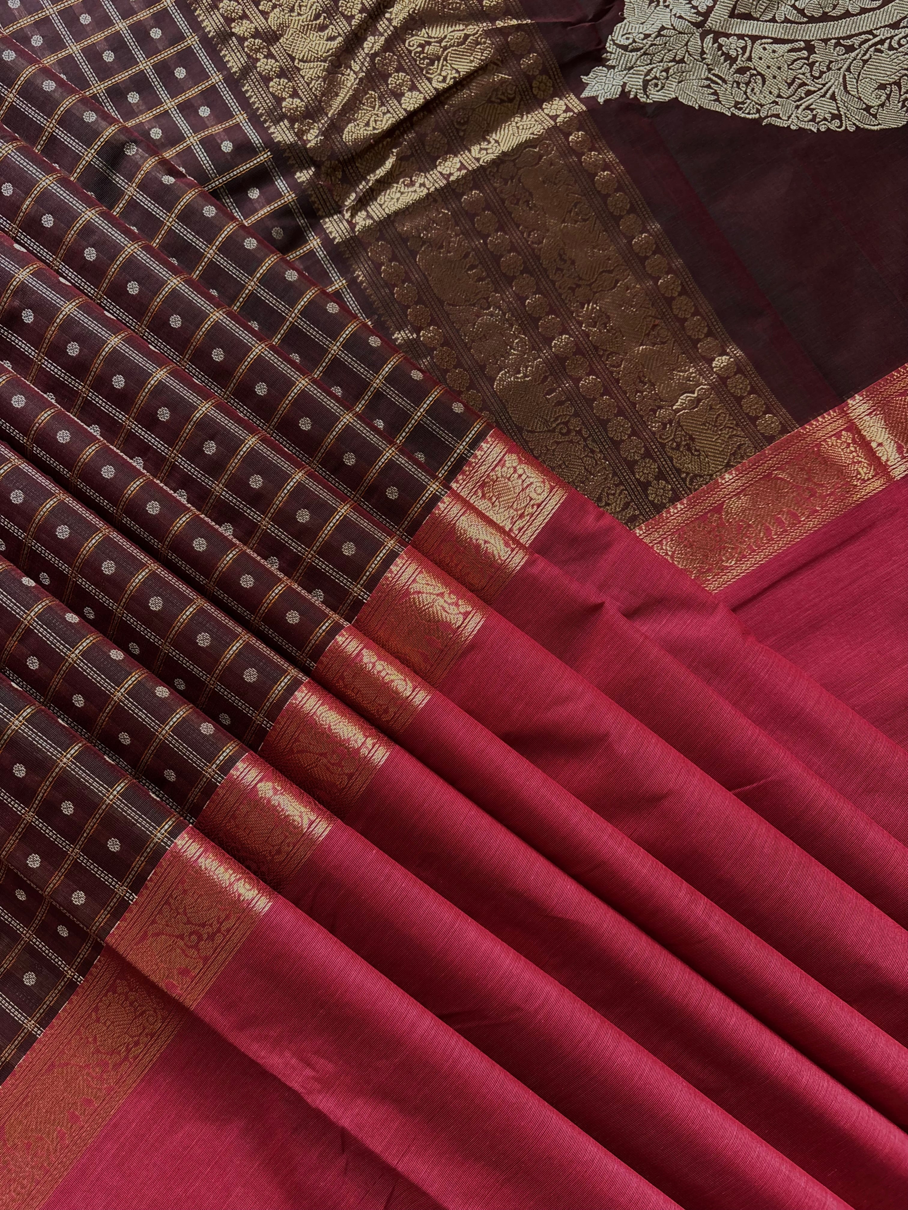 Handwoven Brown Pink Kanchipuram Cotton Saree