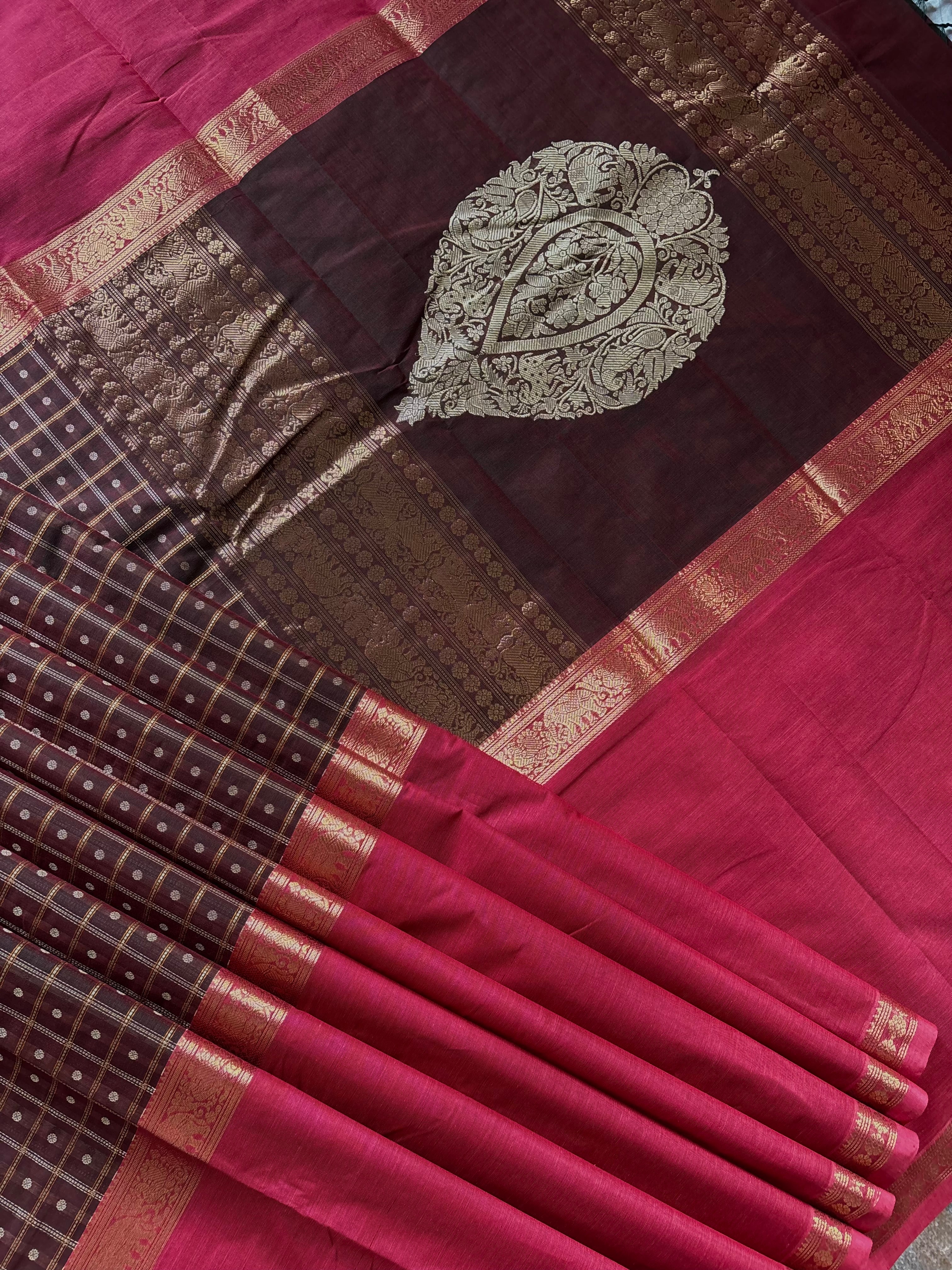 Handwoven Brown Pink Kanchipuram Cotton Saree