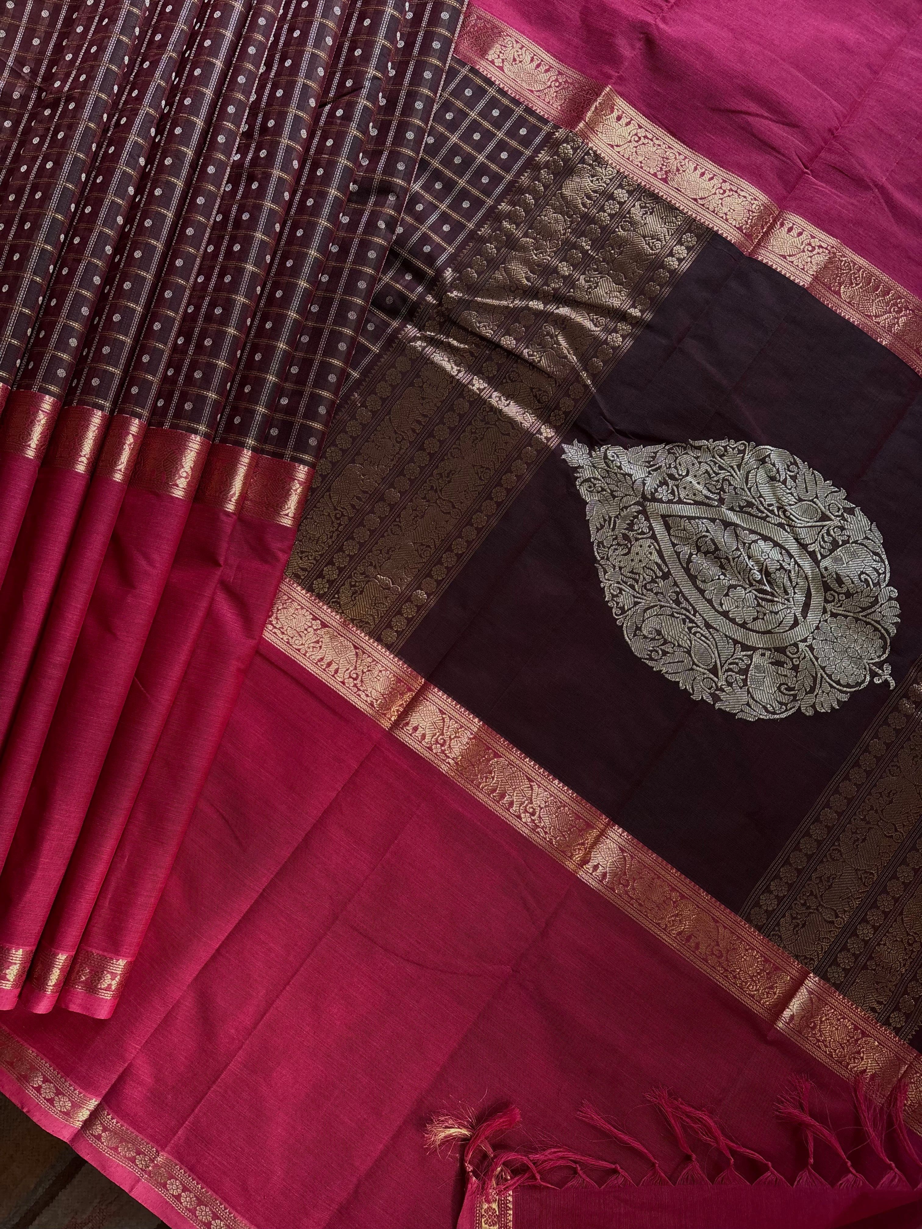 Handwoven Brown Pink Kanchipuram Cotton Saree