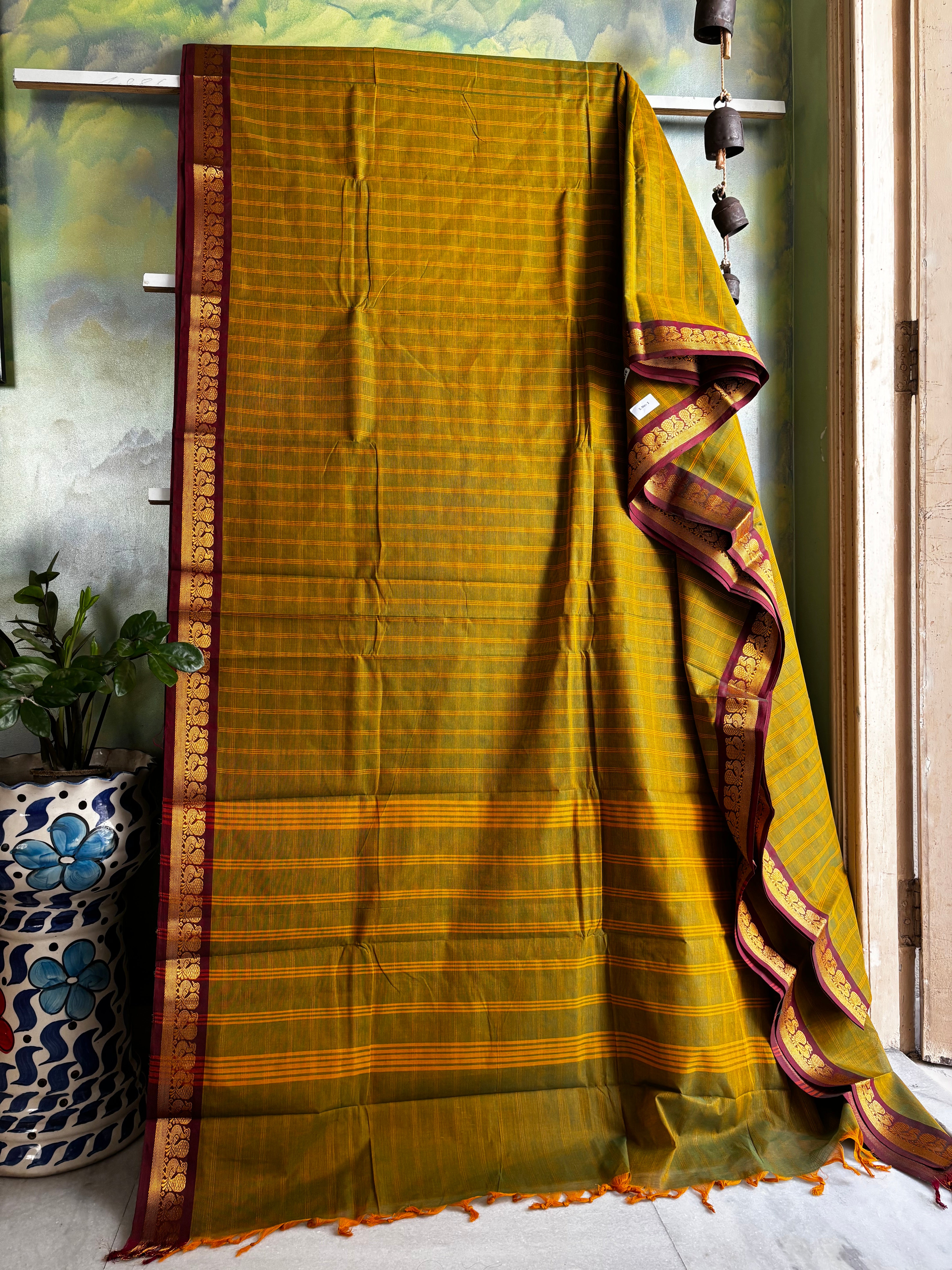 Pure Cotton Dual Toned Green Kanchi Cotton Saree