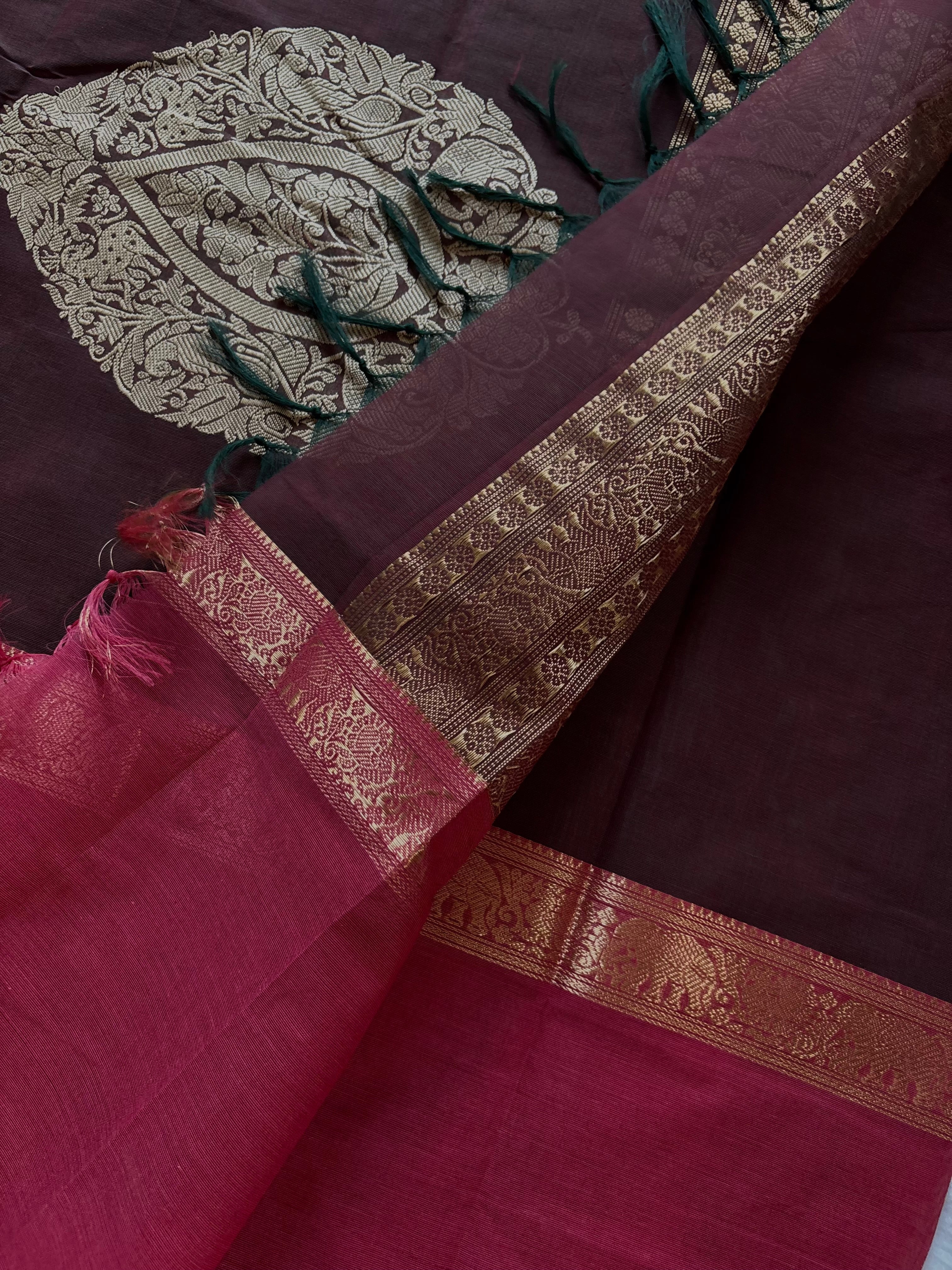 Handwoven Brown Pink Kanchipuram Cotton Saree