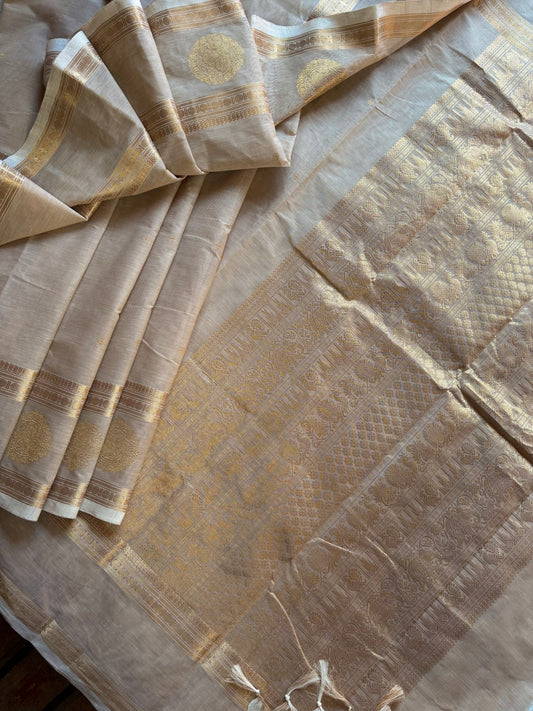 Handwoven Light Beige Cotton Kanchipuram Saree