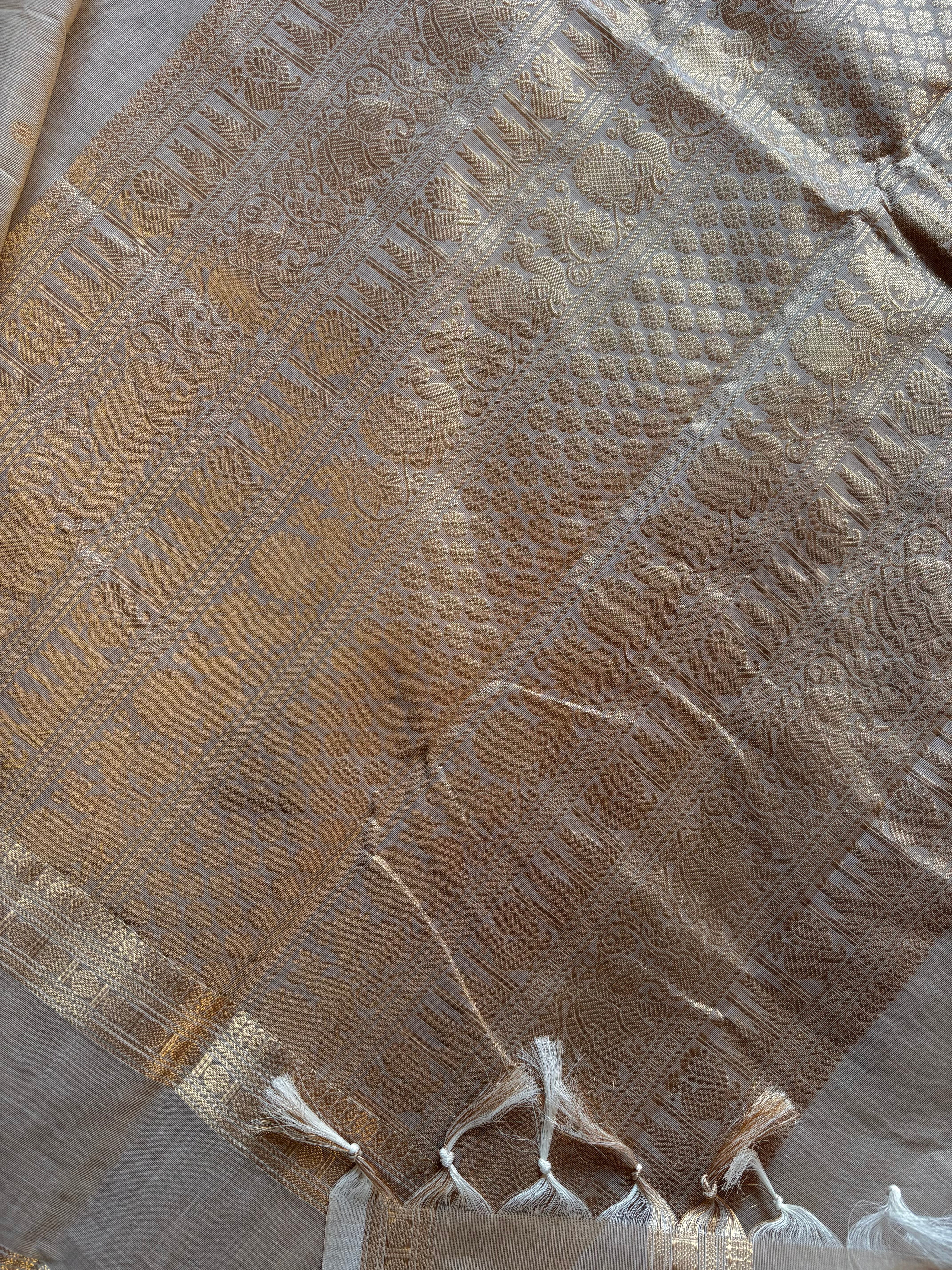 Handwoven Light Beige Cotton Kanchipuram Saree