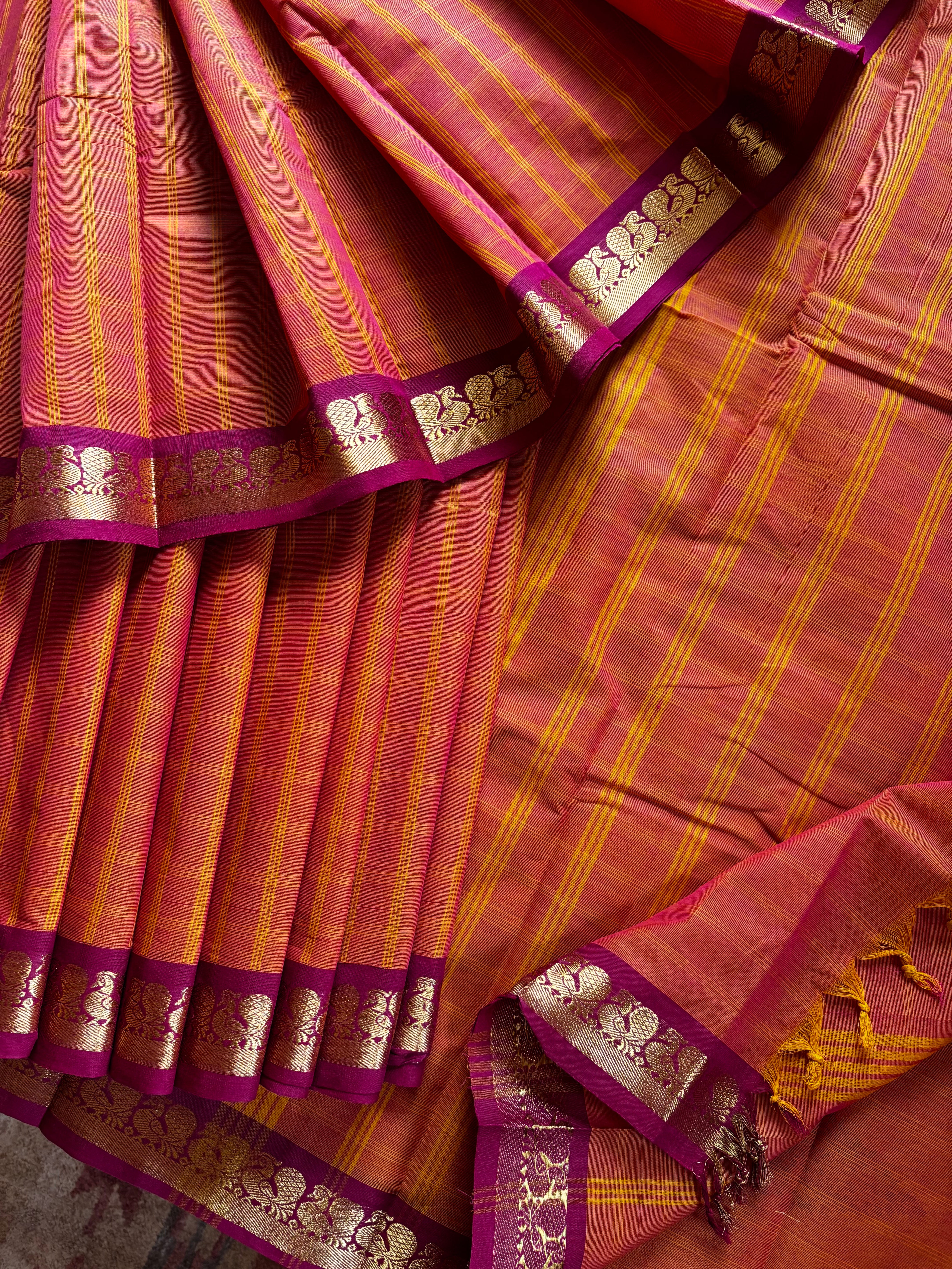 Pure Cotton Orange Kanchi Saree