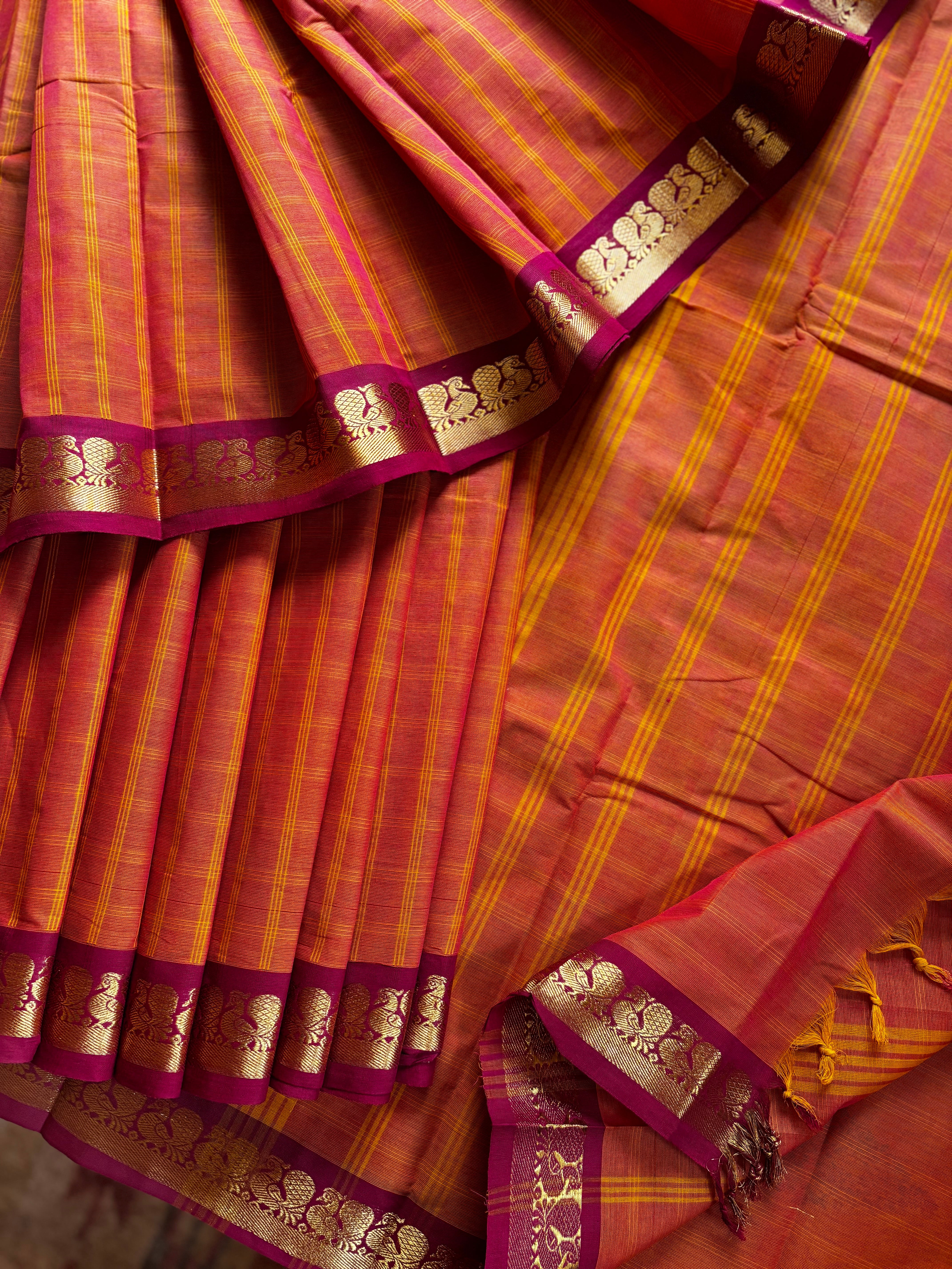 Pure Cotton Orange Kanchi Saree