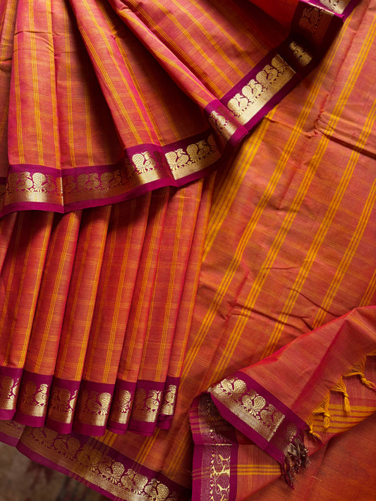 Pure Cotton Orange Kanchi Saree