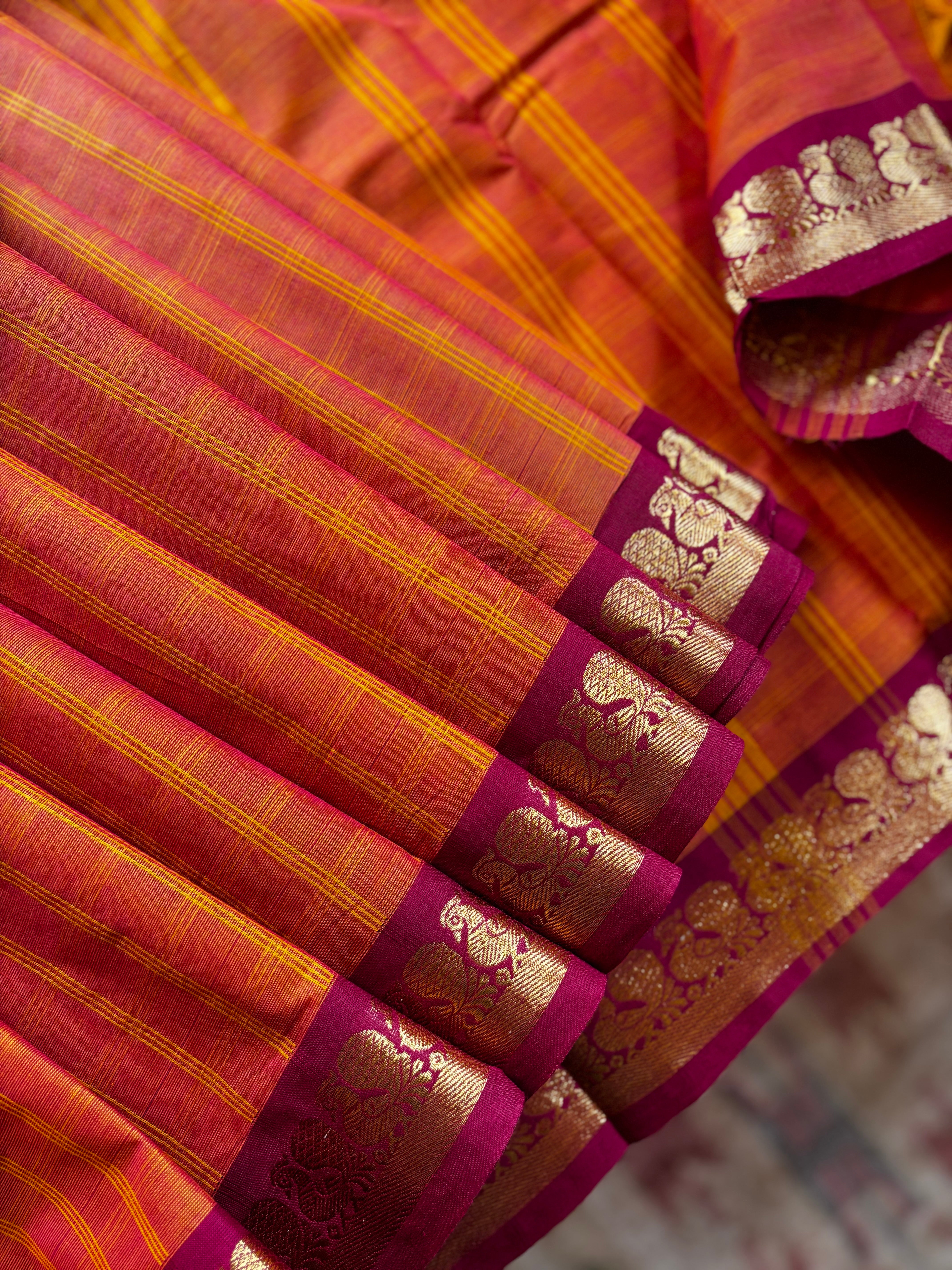 Pure Cotton Orange Kanchi Saree