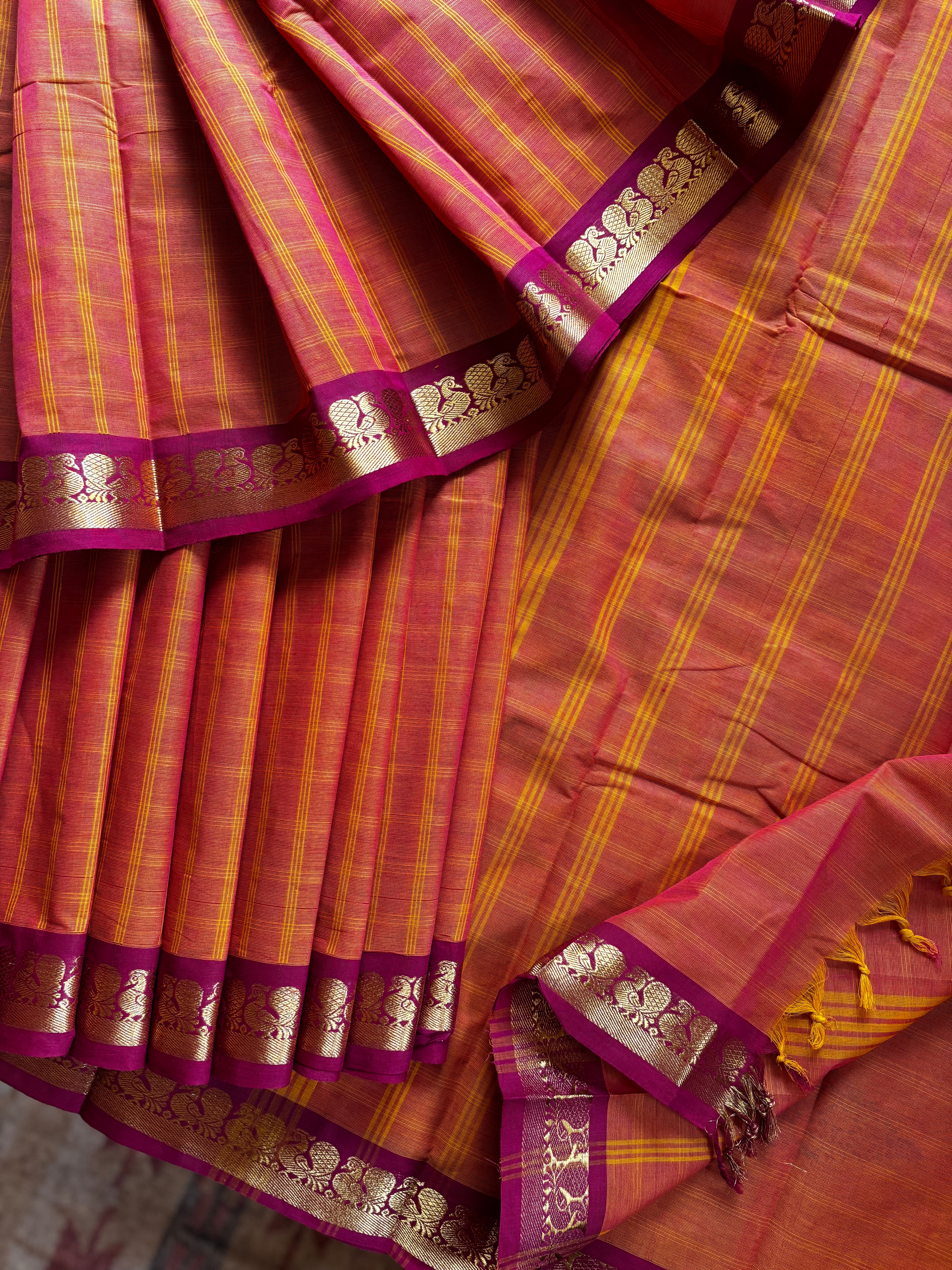 Pure Cotton Orange Kanchi Saree