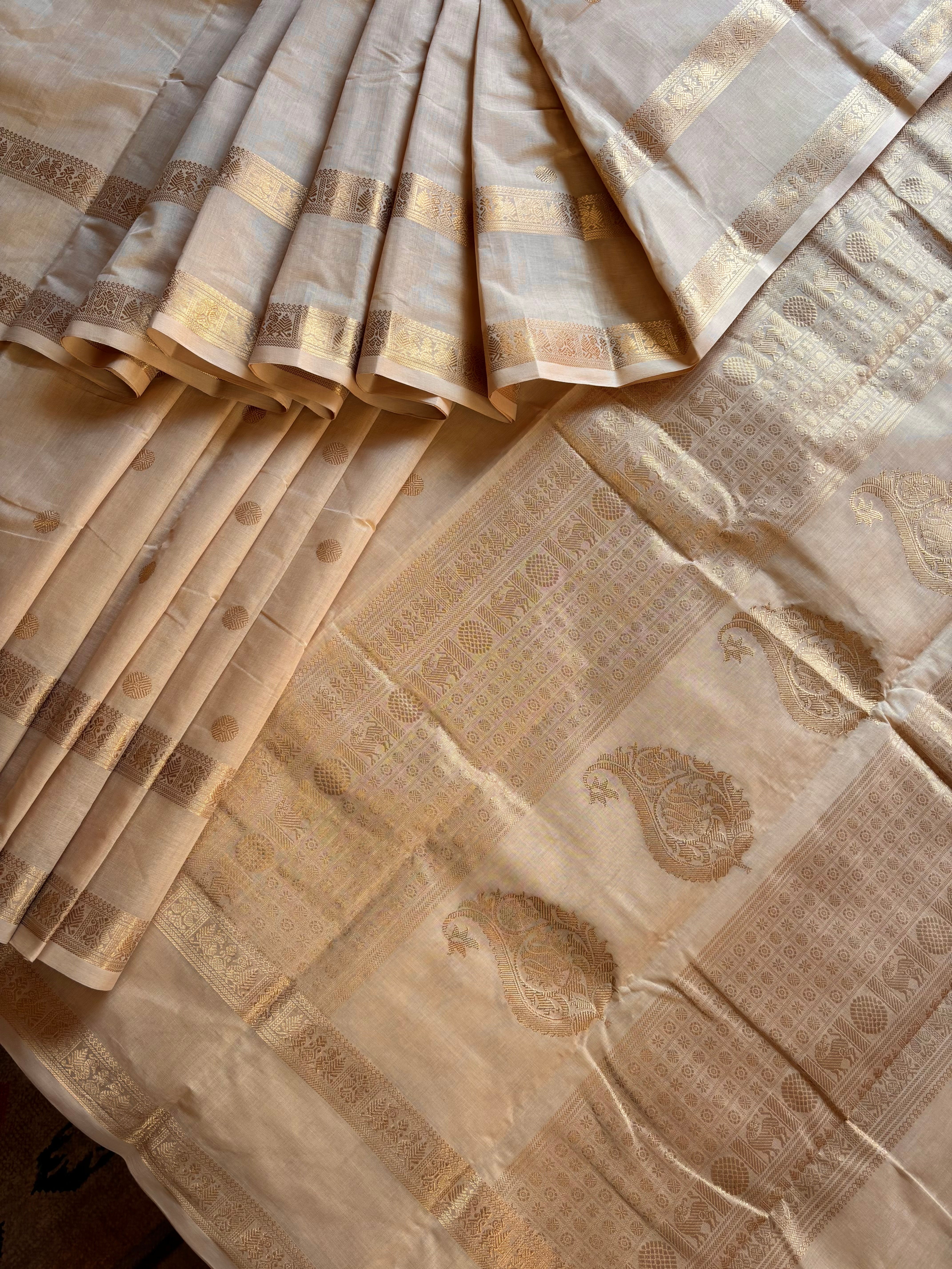 Handwoven White Sandal Cotton Kanchipuram Saree