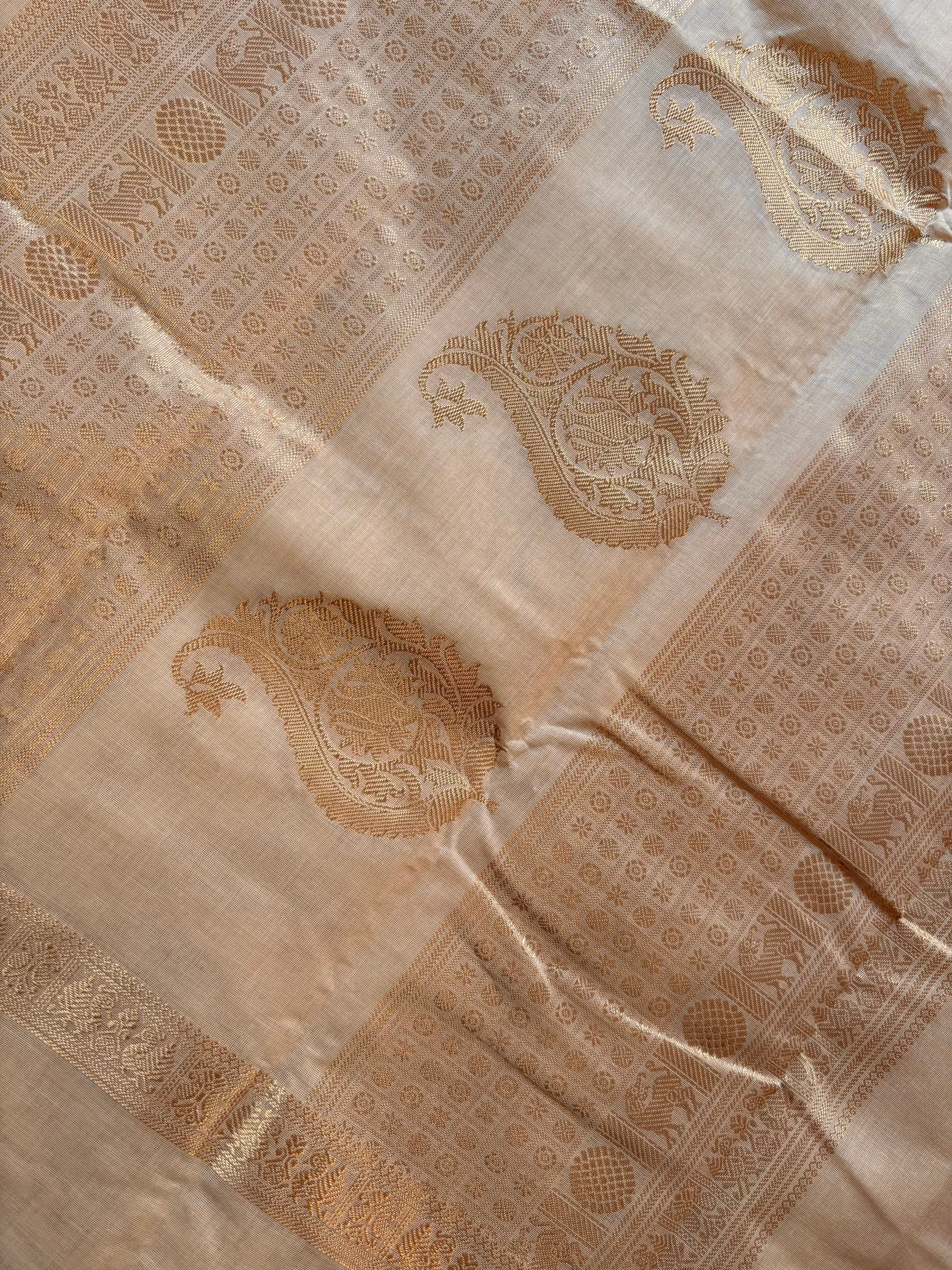 Handwoven White Sandal Cotton Kanchipuram Saree
