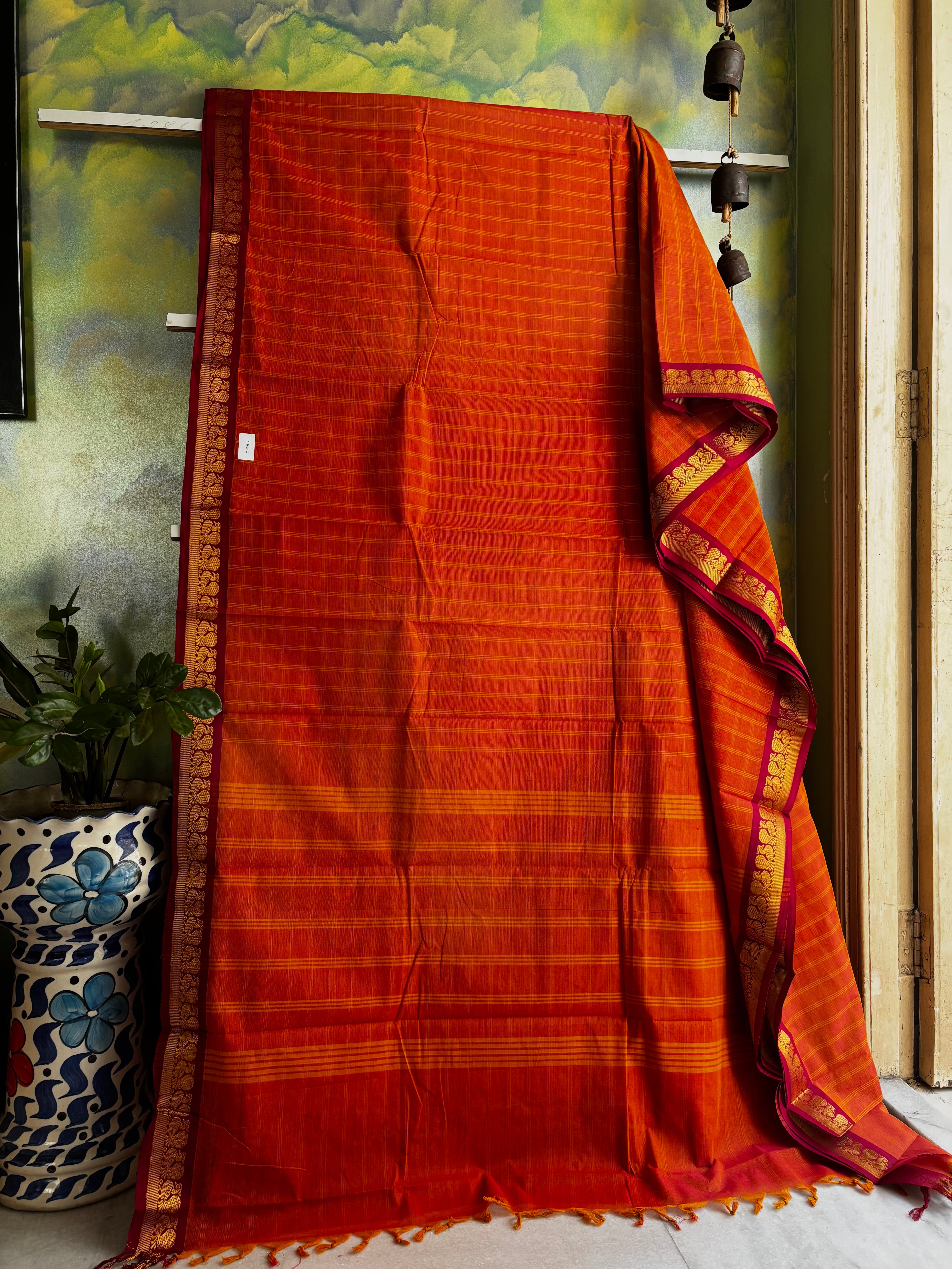 Pure Cotton Orange Kanchi Saree