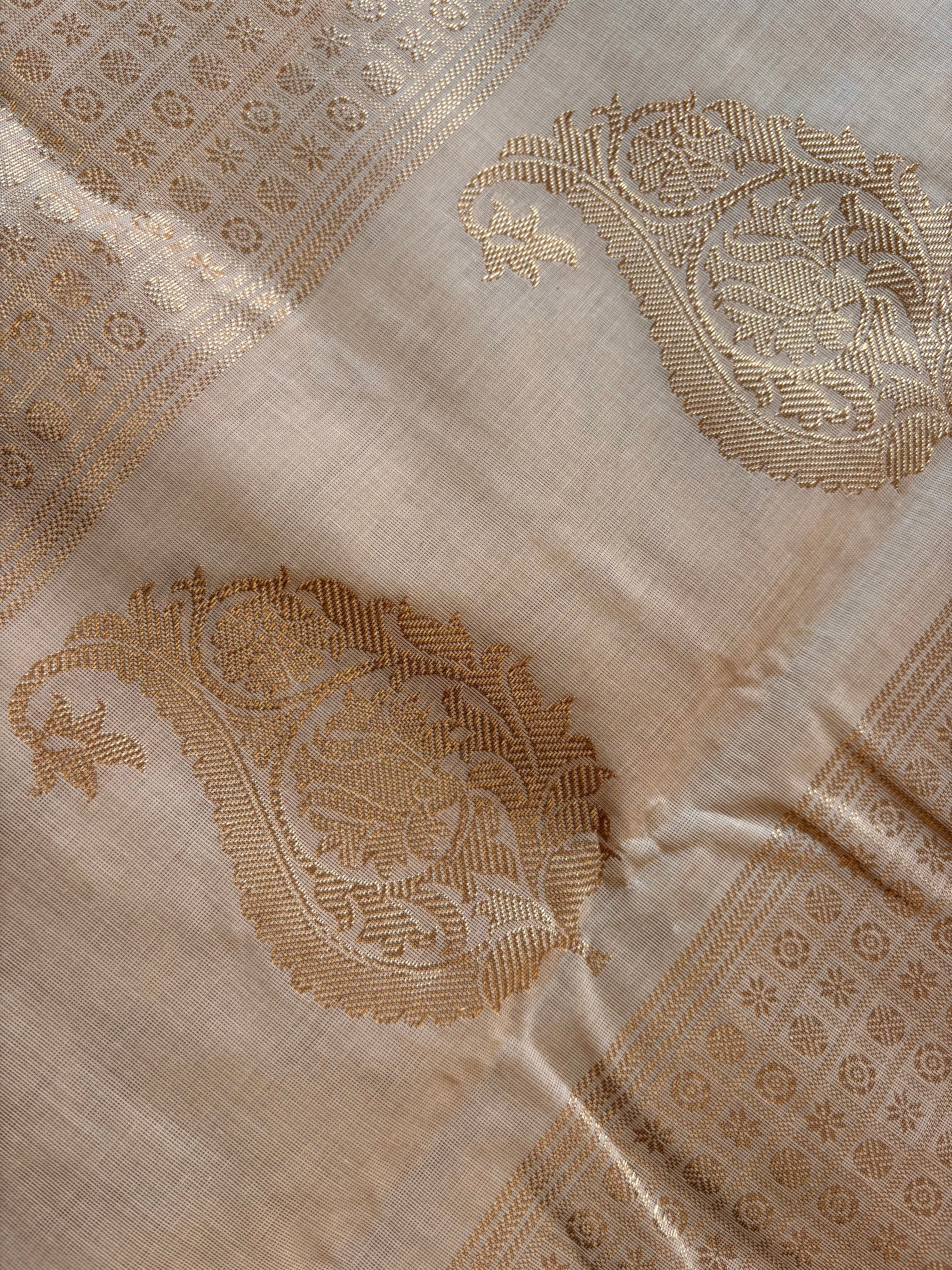 Handwoven White Sandal Cotton Kanchipuram Saree
