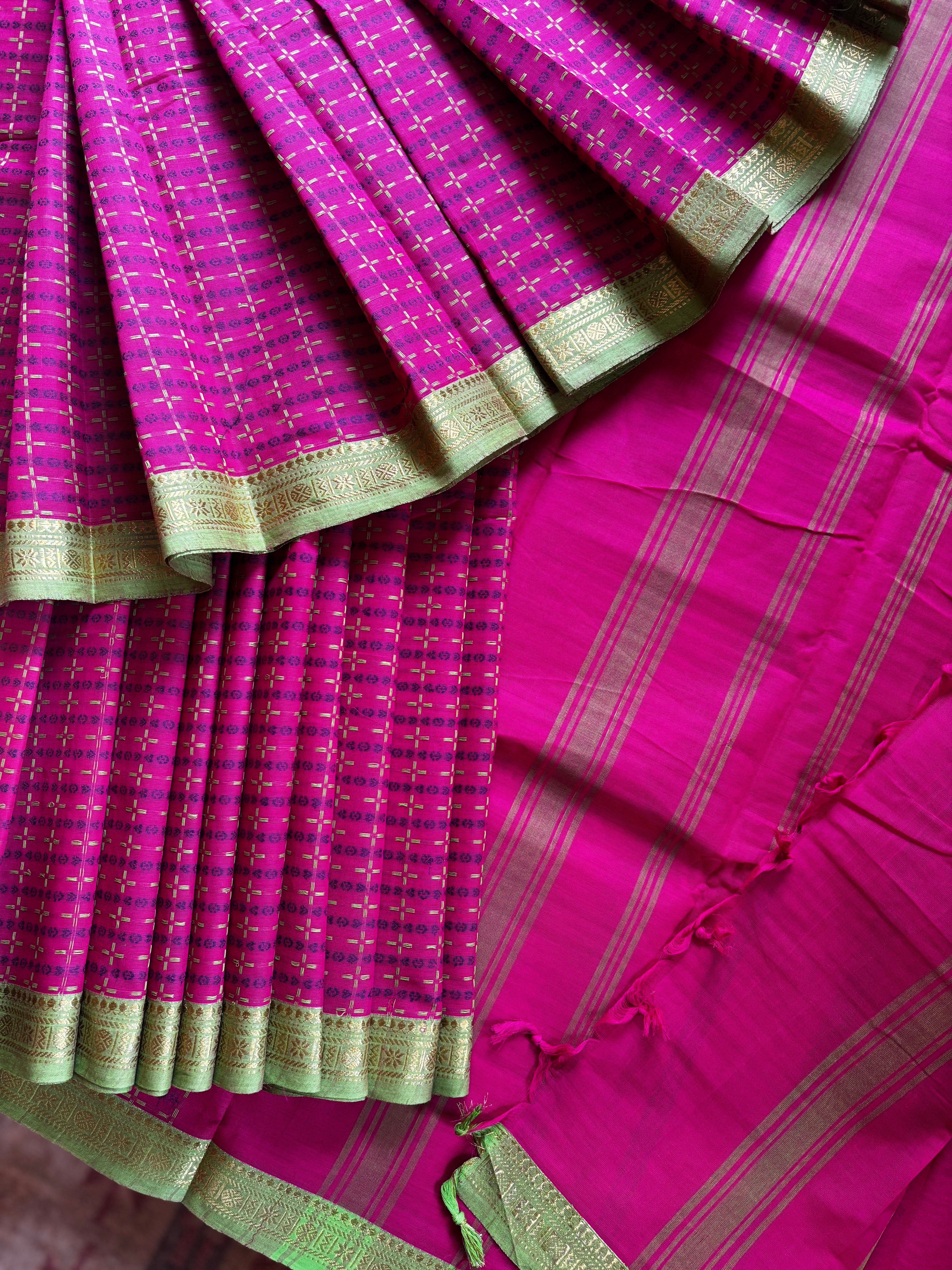 Pure Cotton Pink Green Kanchi Saree