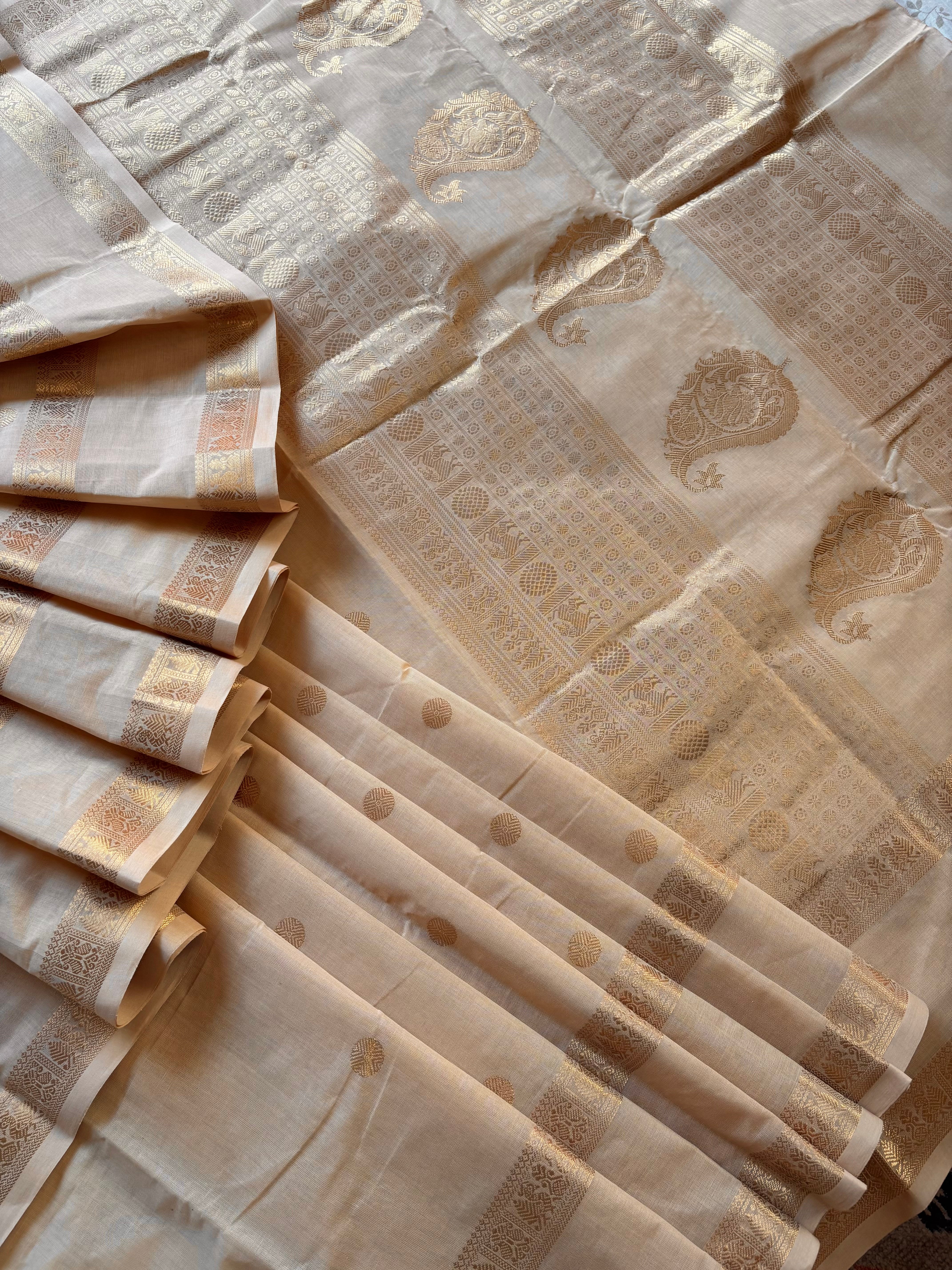 Handwoven White Sandal Cotton Kanchipuram Saree
