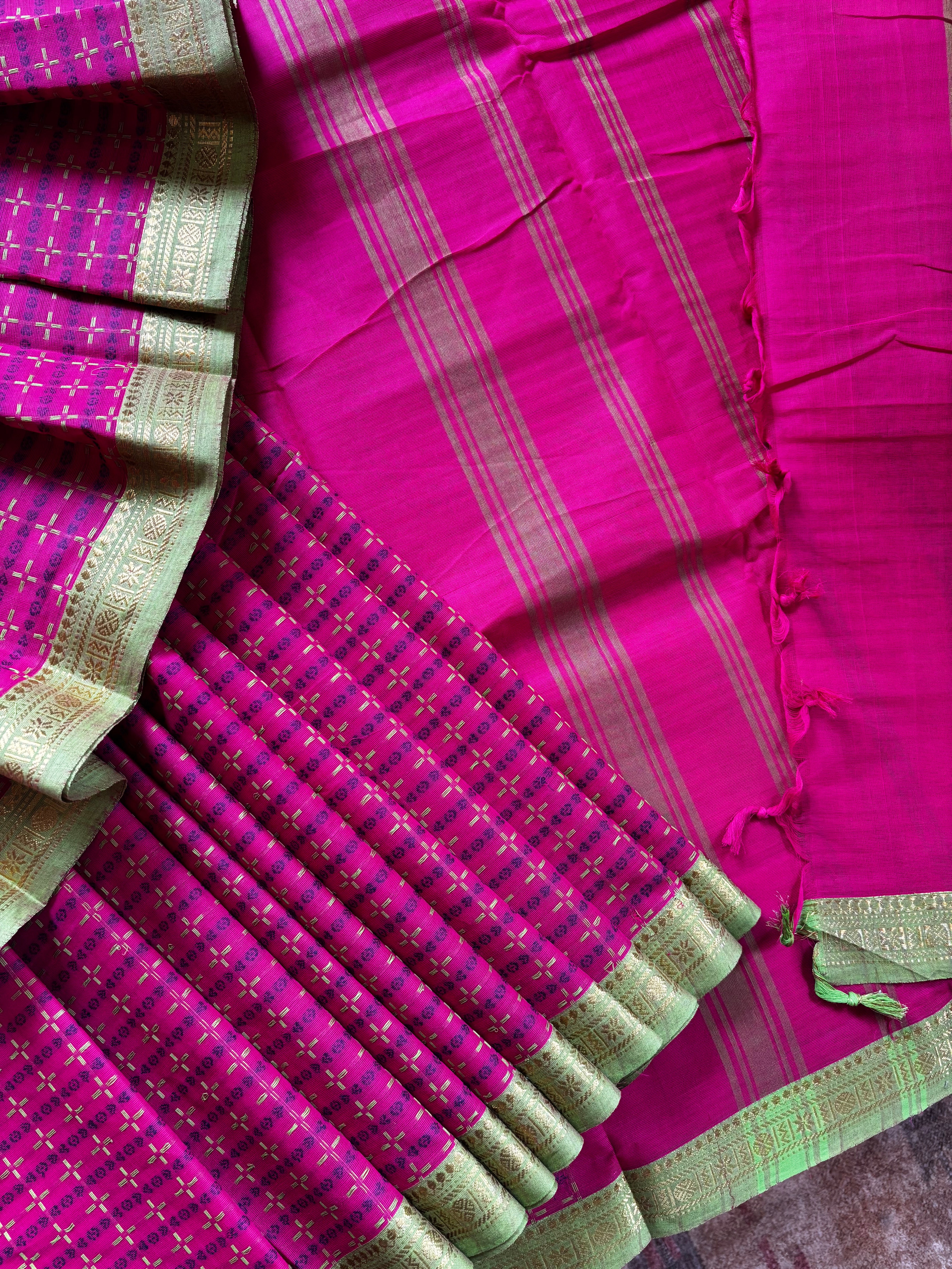 Pure Cotton Pink Green Kanchi Saree