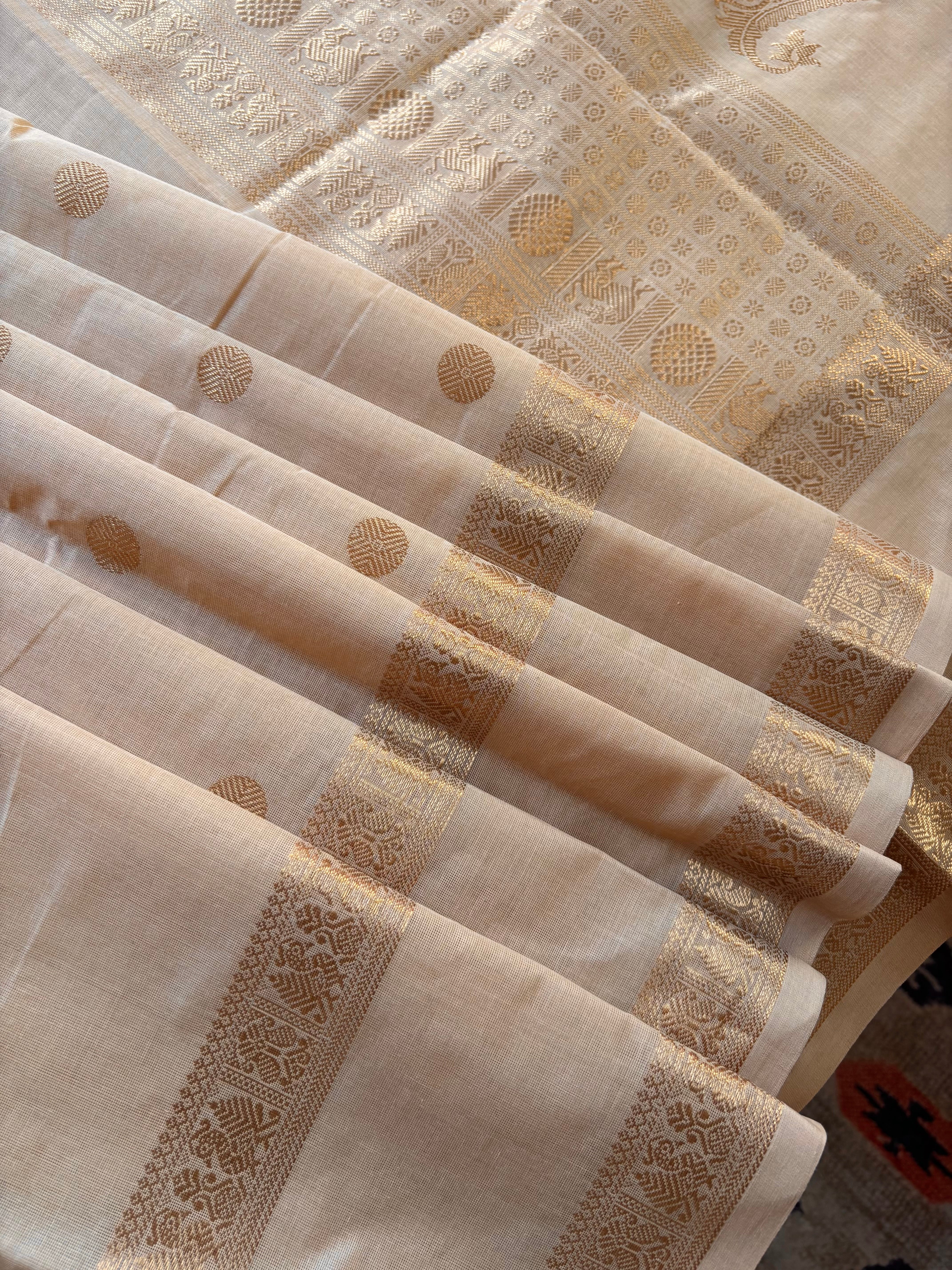 Handwoven White Sandal Cotton Kanchipuram Saree