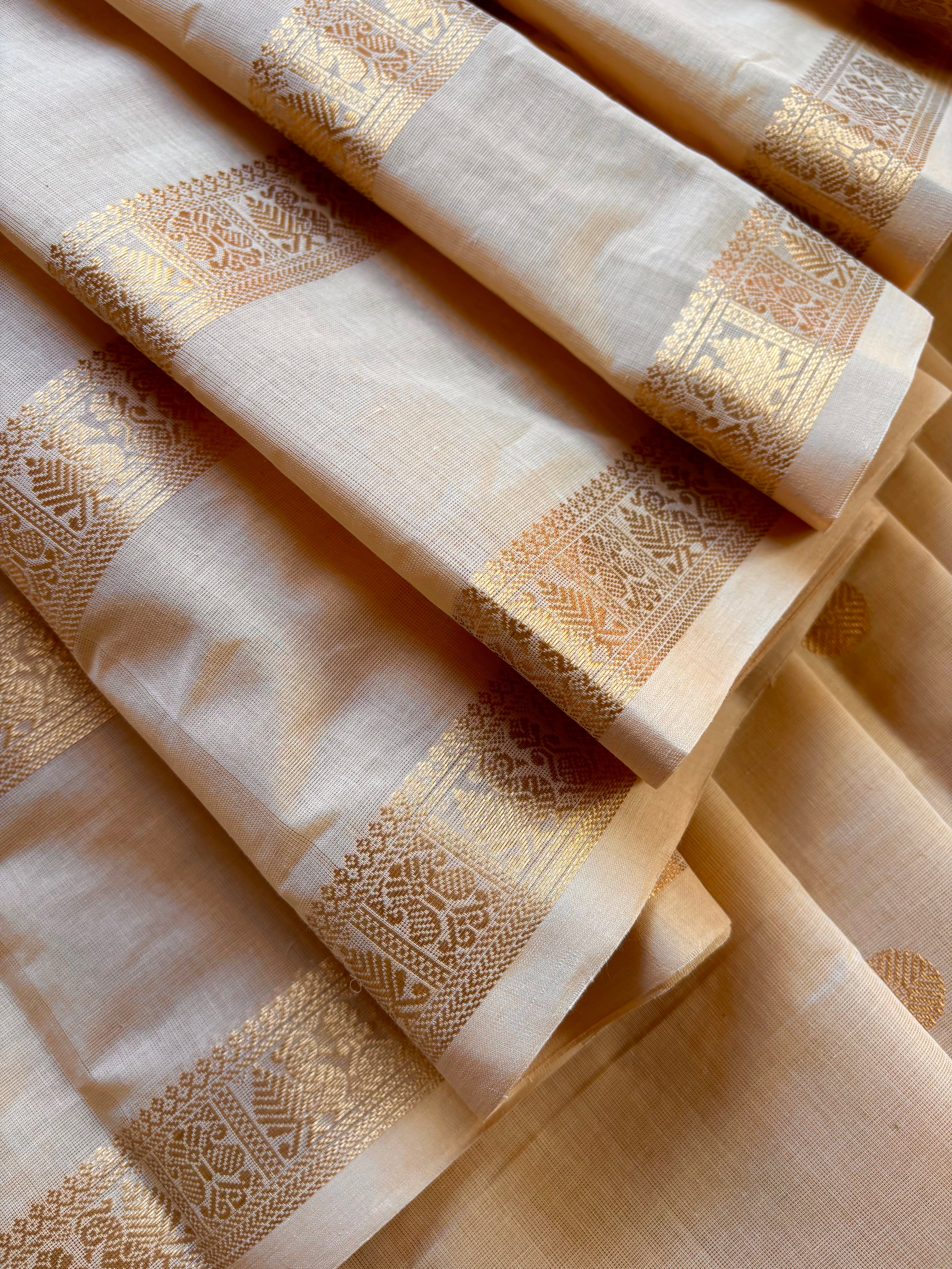 Handwoven White Sandal Cotton Kanchipuram Saree