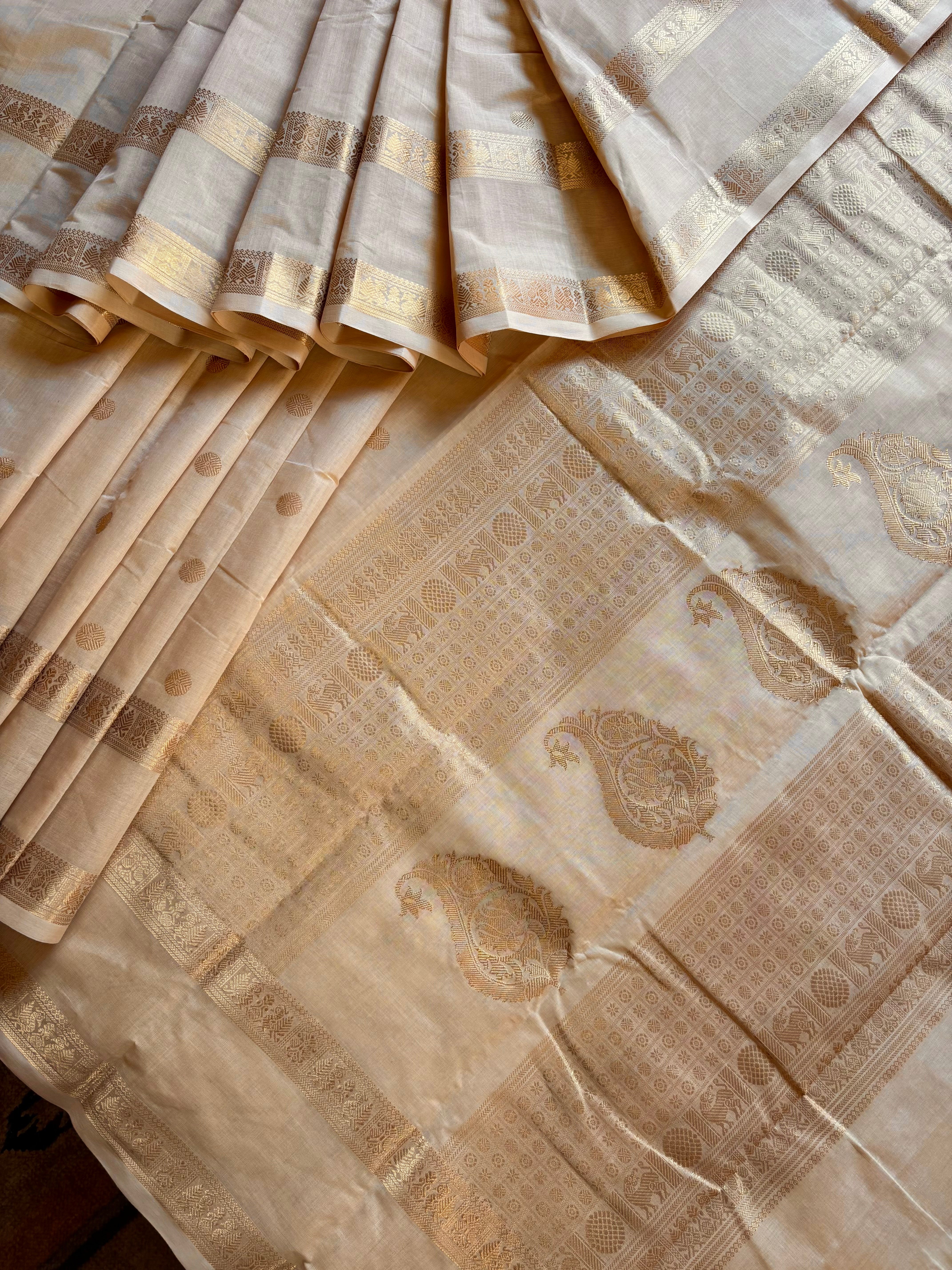 Handwoven White Sandal Cotton Kanchipuram Saree