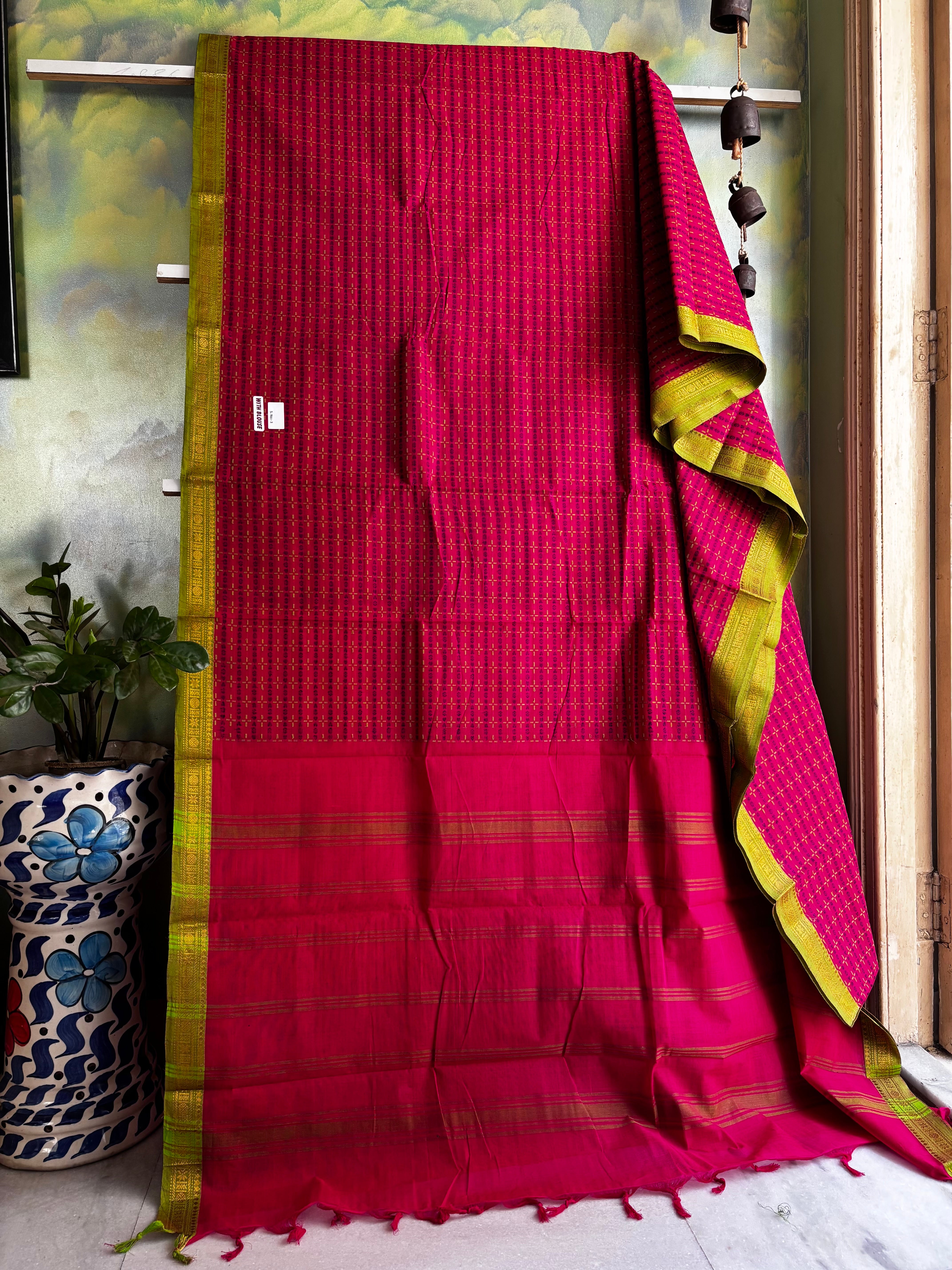 Pure Cotton Pink Green Kanchi Saree