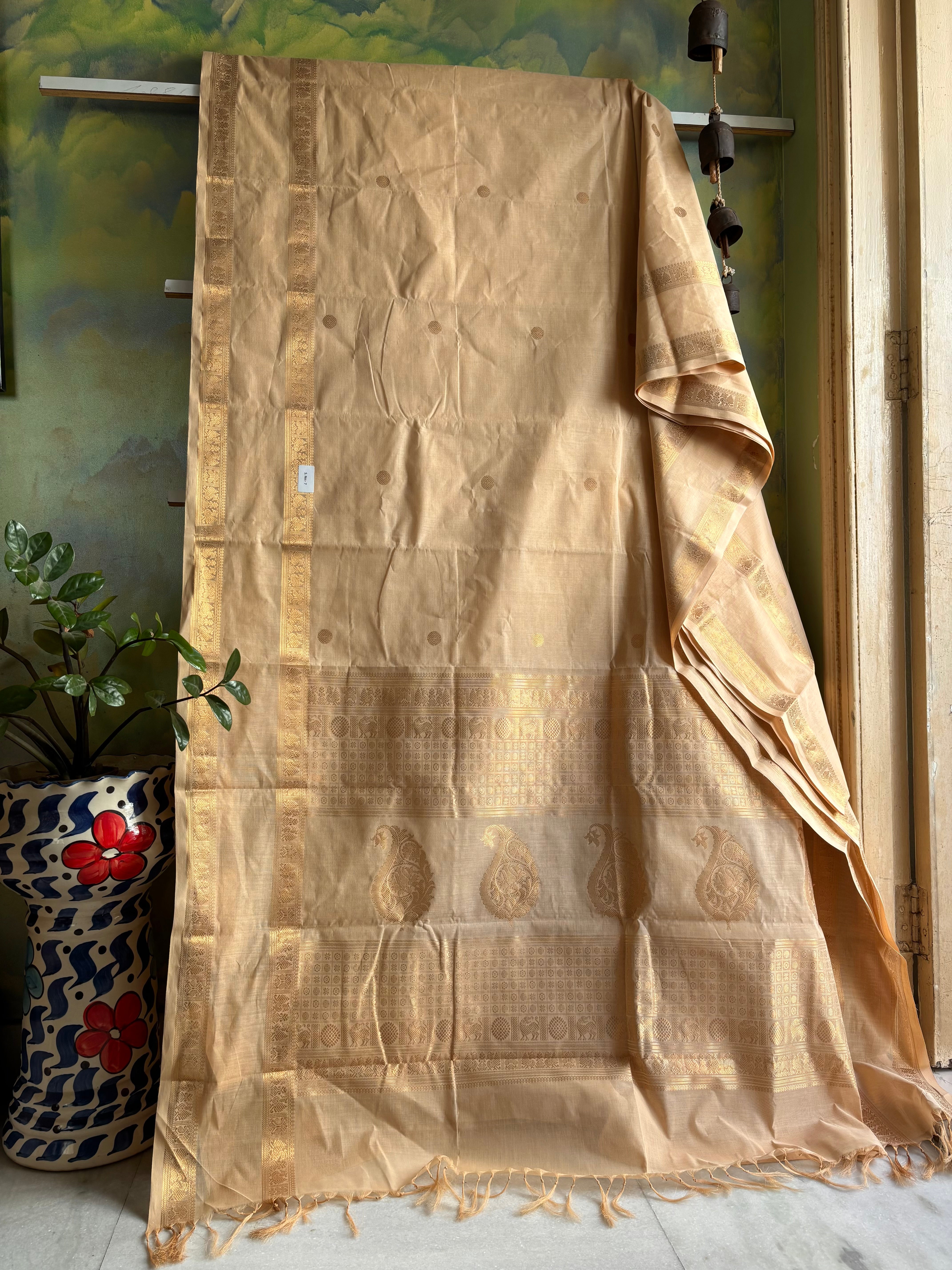 Handwoven White Sandal Cotton Kanchipuram Saree