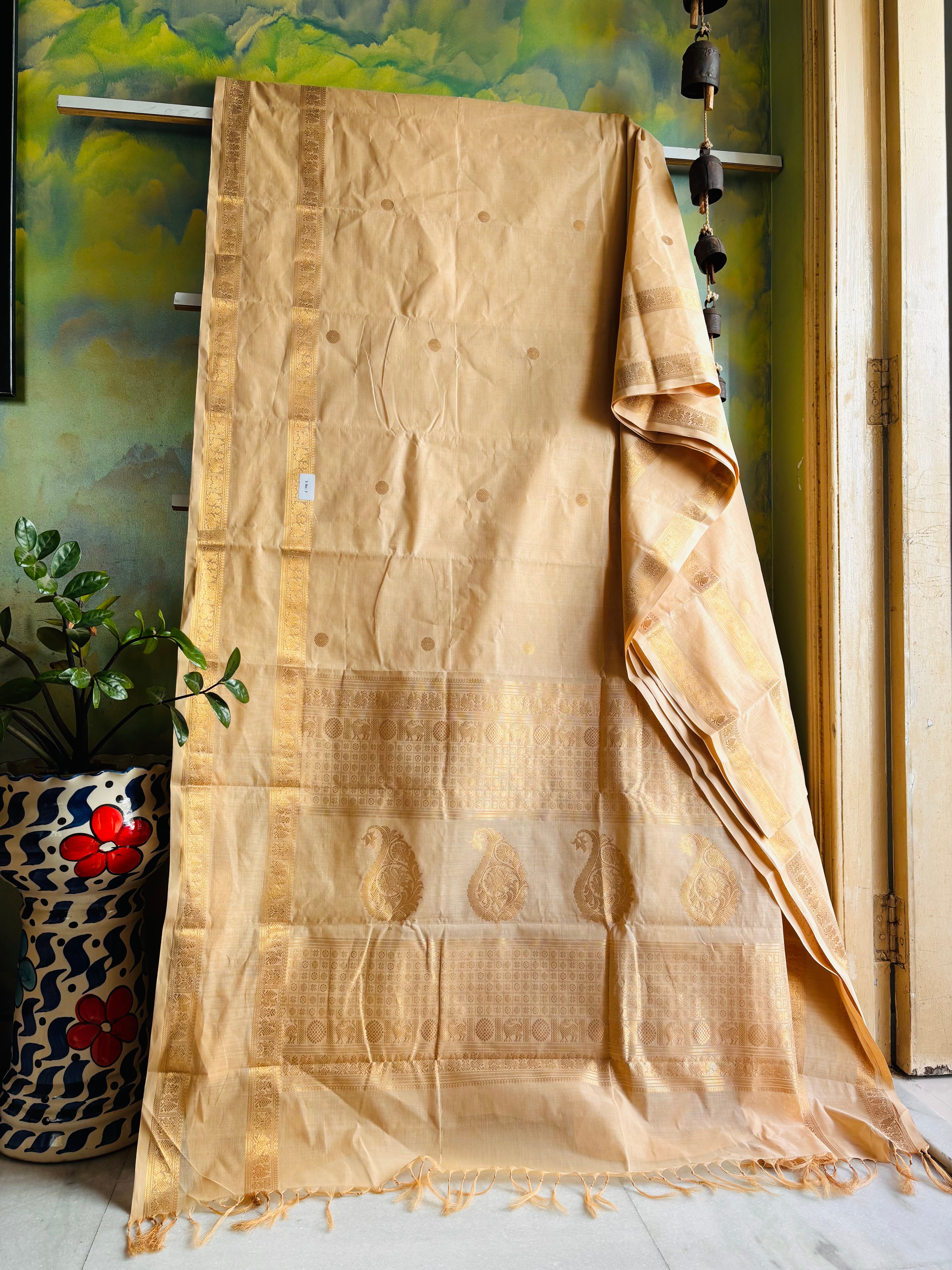 Handwoven White Sandal Cotton Kanchipuram Saree