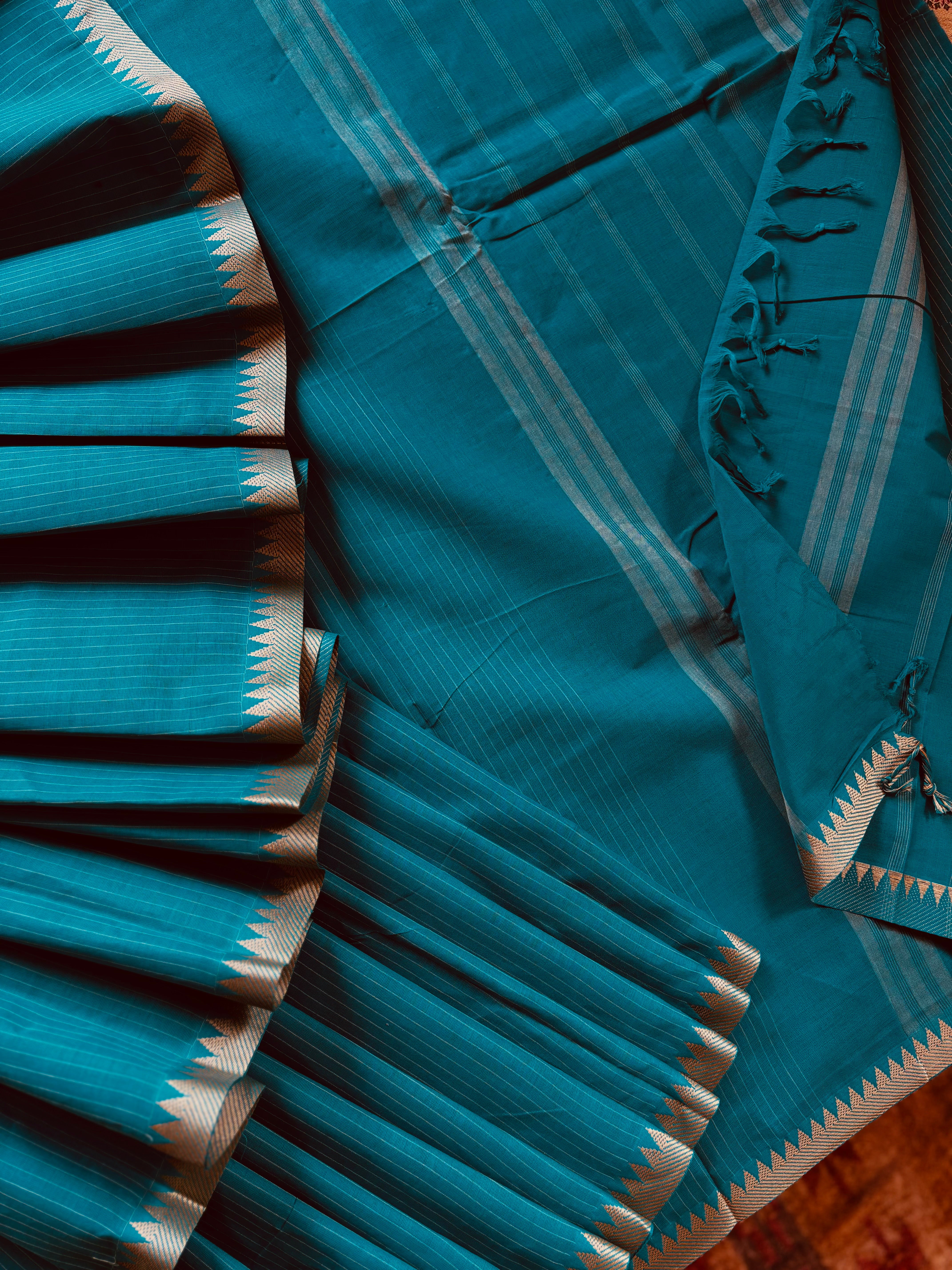 Pure Cotton Dark Firozi Kanchi Saree