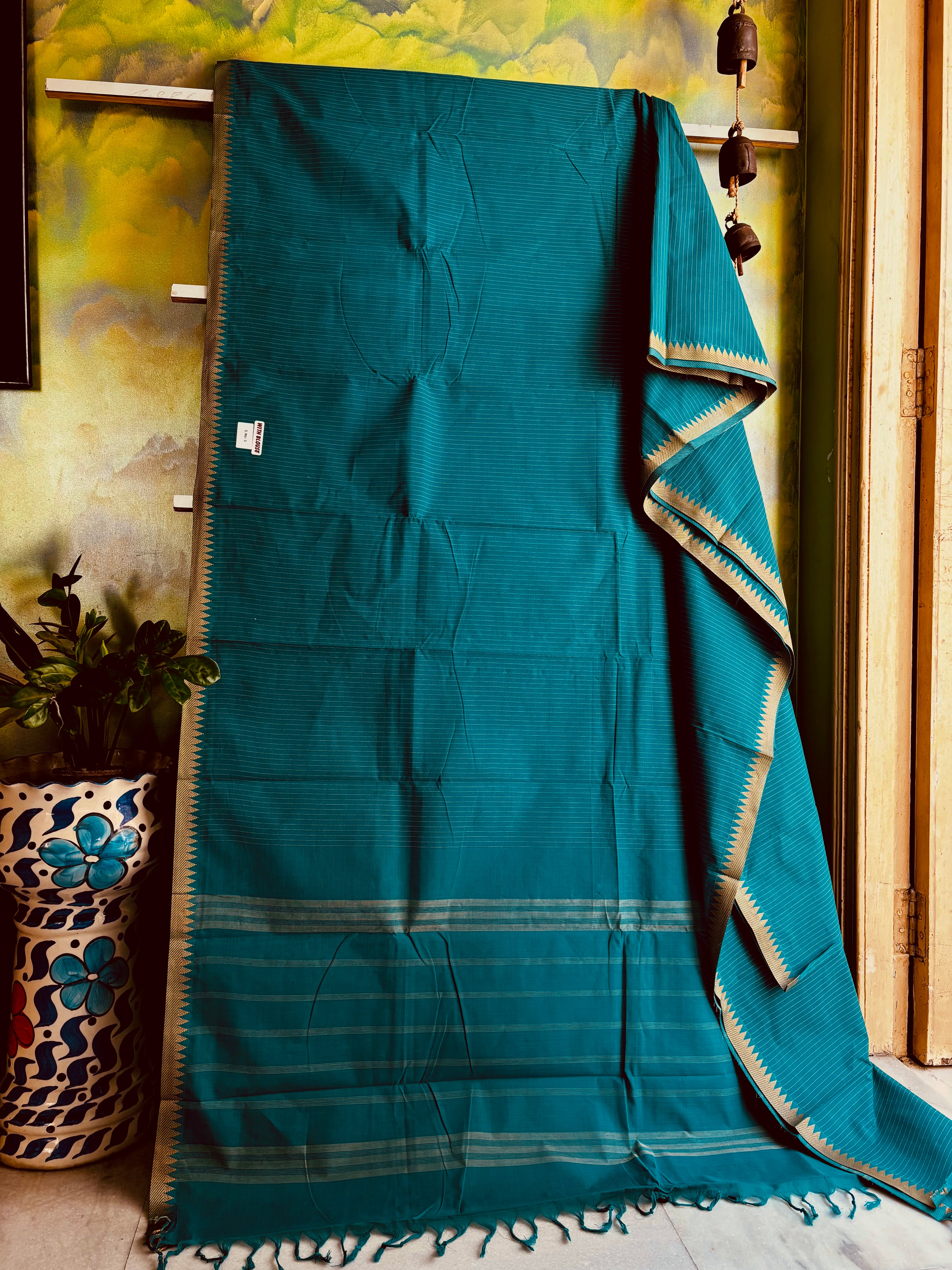 Pure Cotton Dark Firozi Kanchi Saree