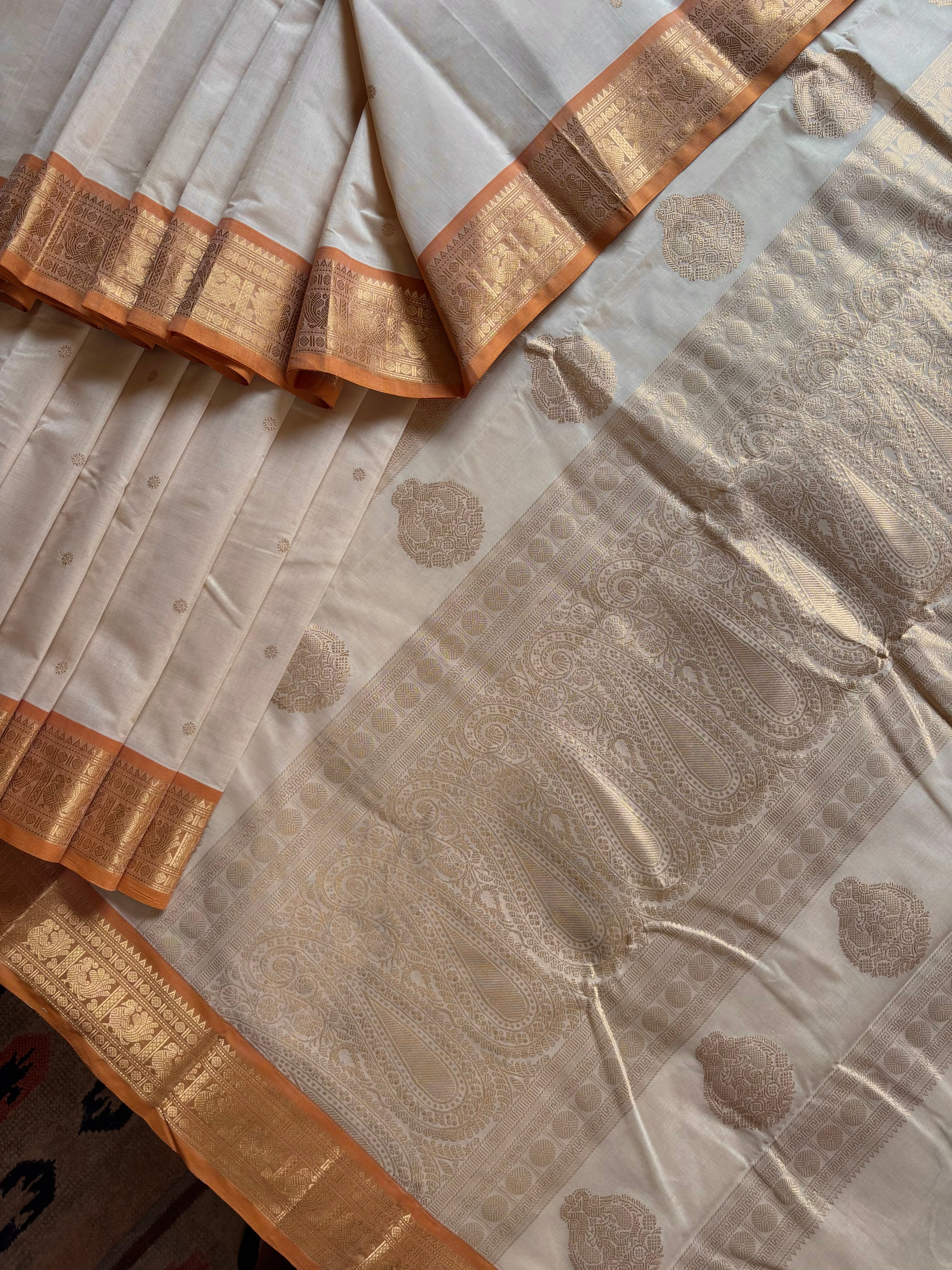 Handwoven Beige Orange Cotton Kanchipuram Saree