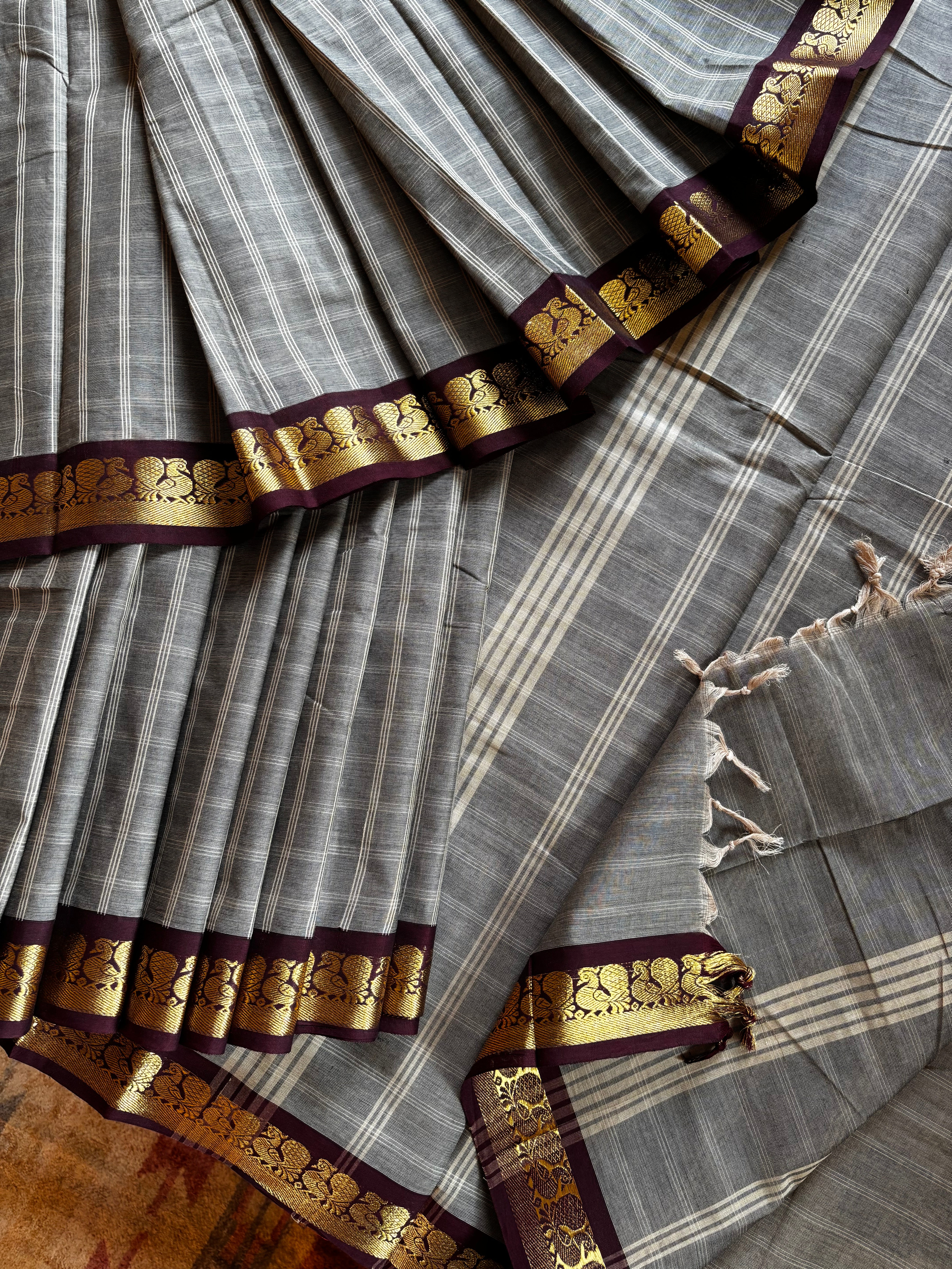 Pure Cotton Grey Kanchi Saree