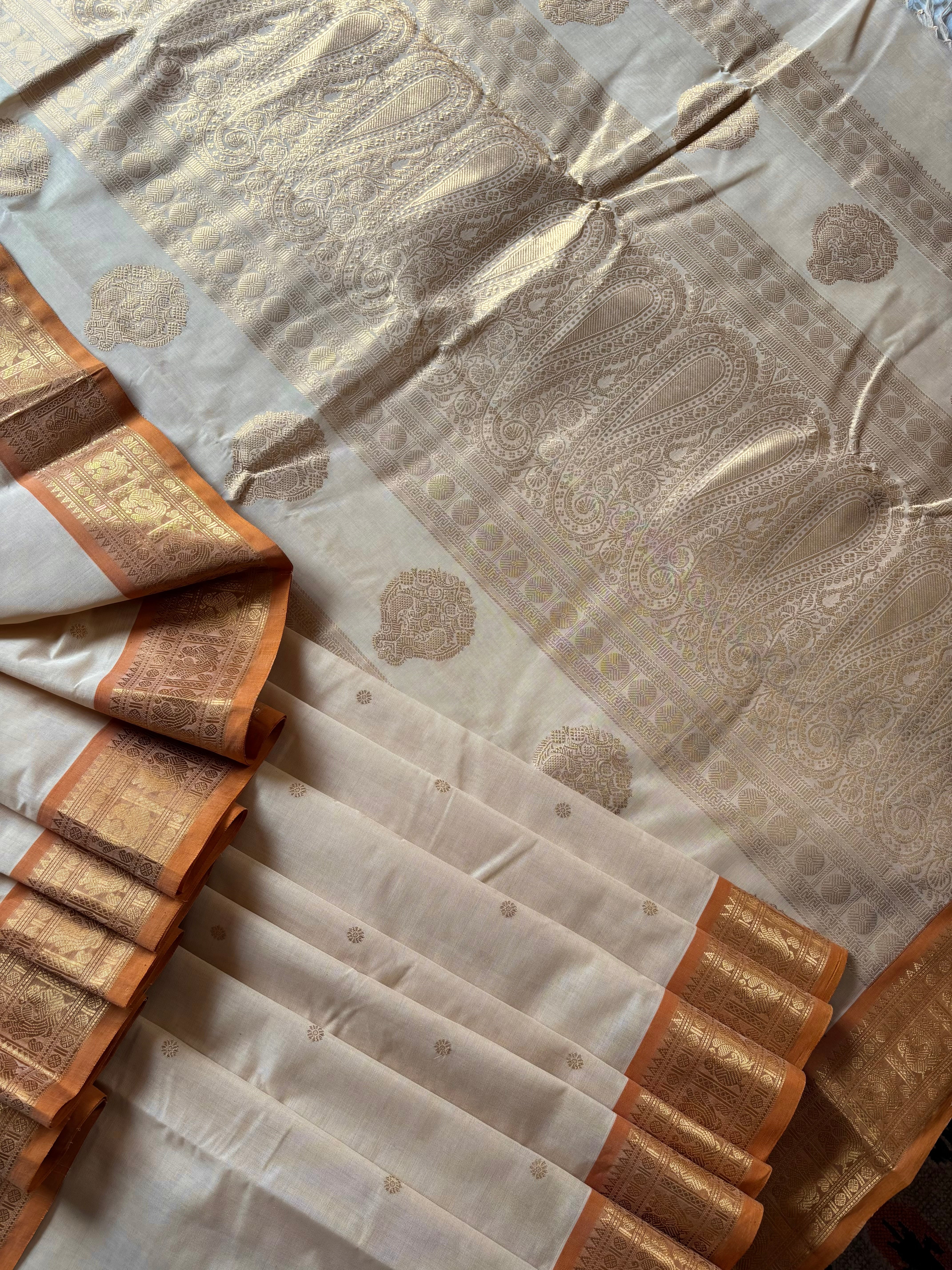 Handwoven Beige Orange Cotton Kanchipuram Saree