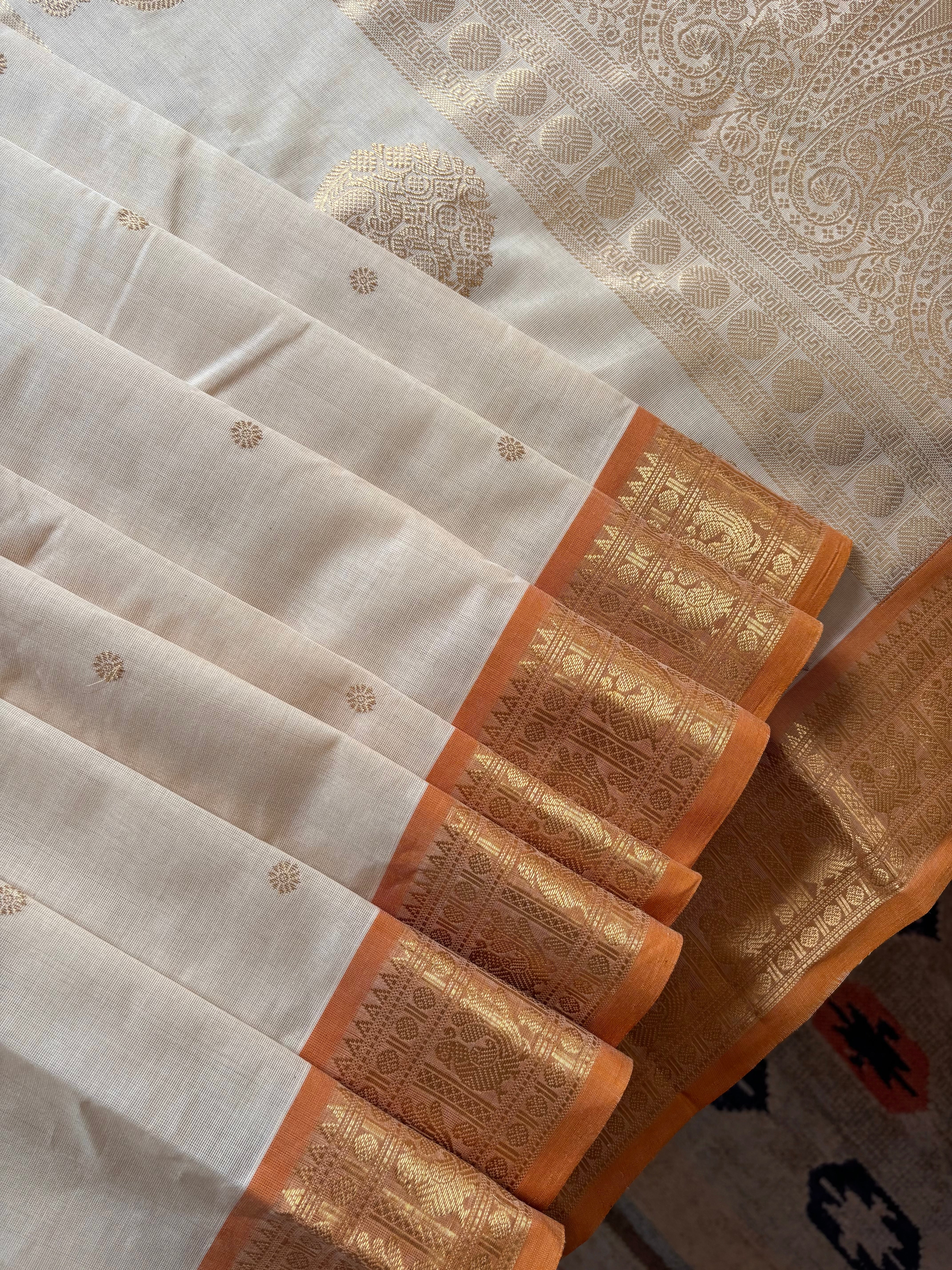 Handwoven Beige Orange Cotton Kanchipuram Saree