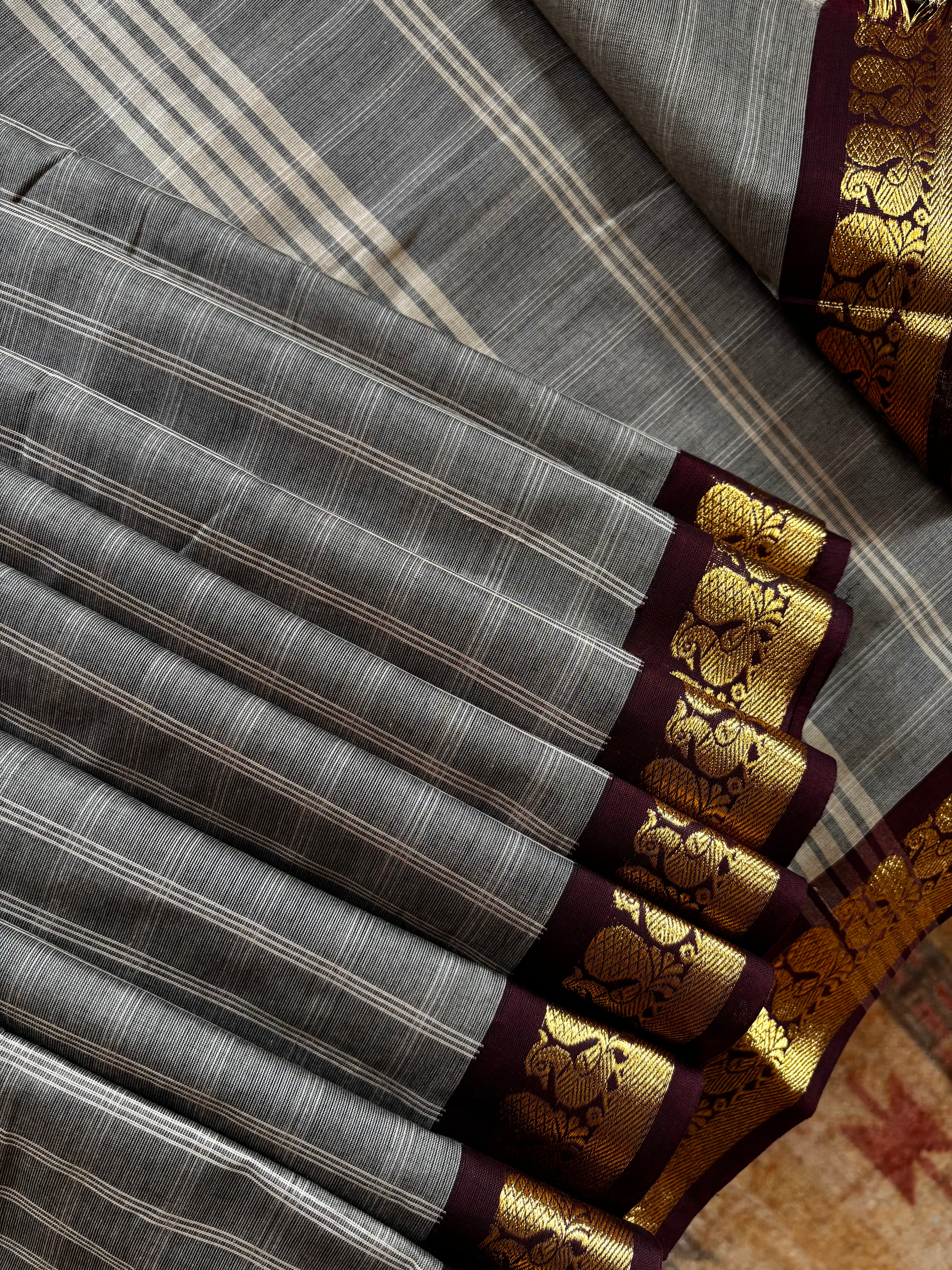 Pure Cotton Grey Kanchi Saree