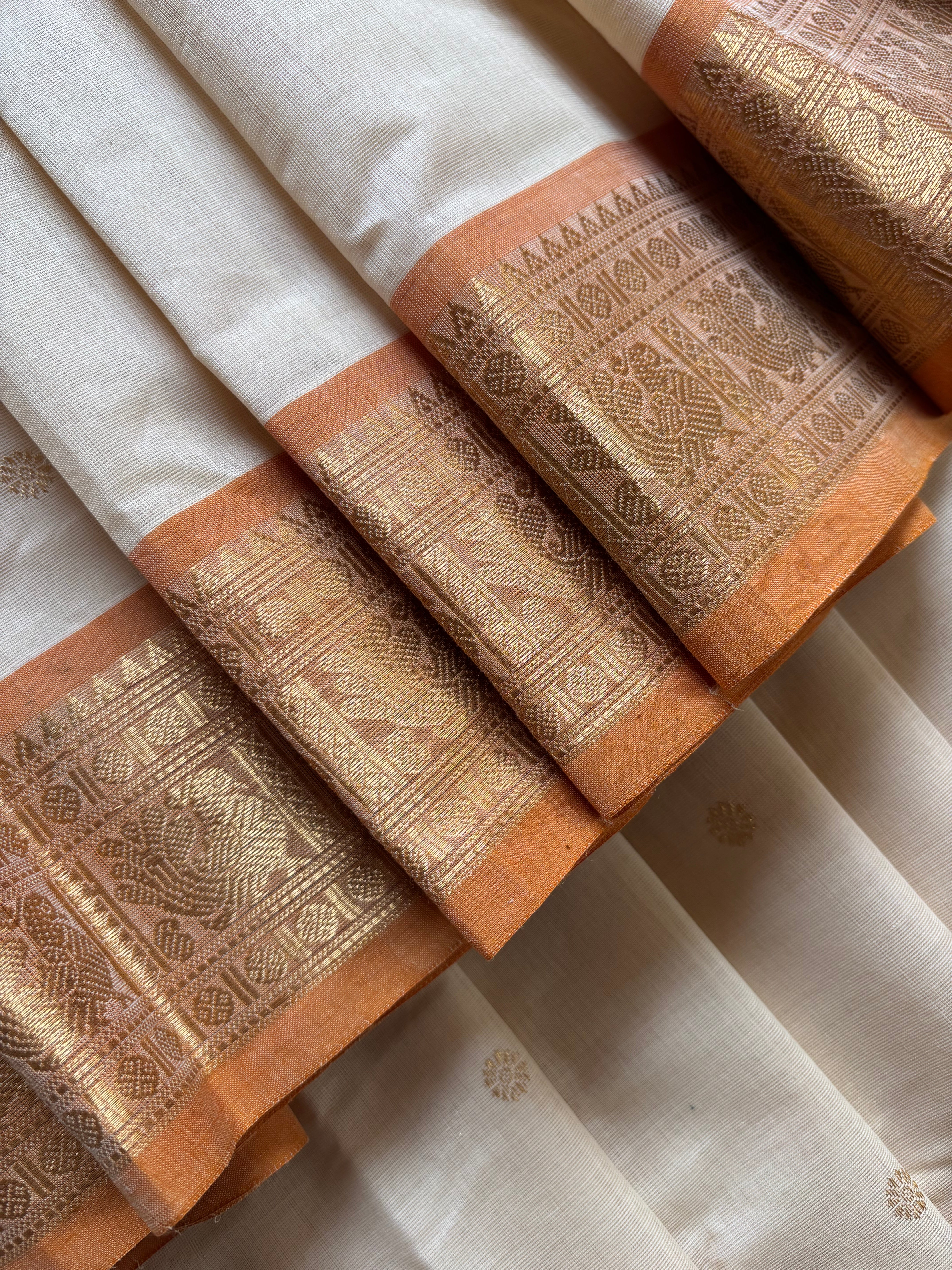 Handwoven Beige Orange Cotton Kanchipuram Saree