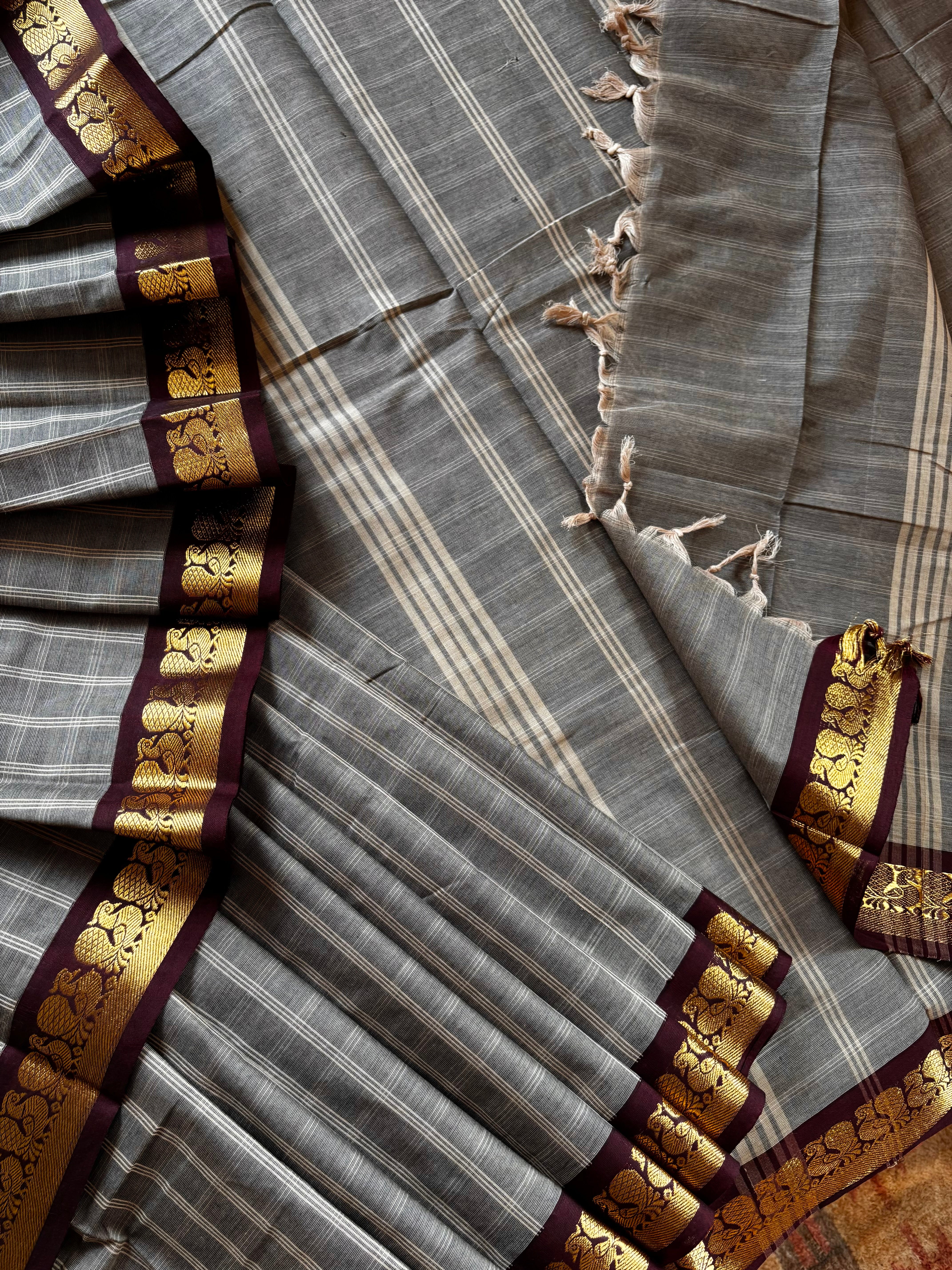 Pure Cotton Grey Kanchi Saree