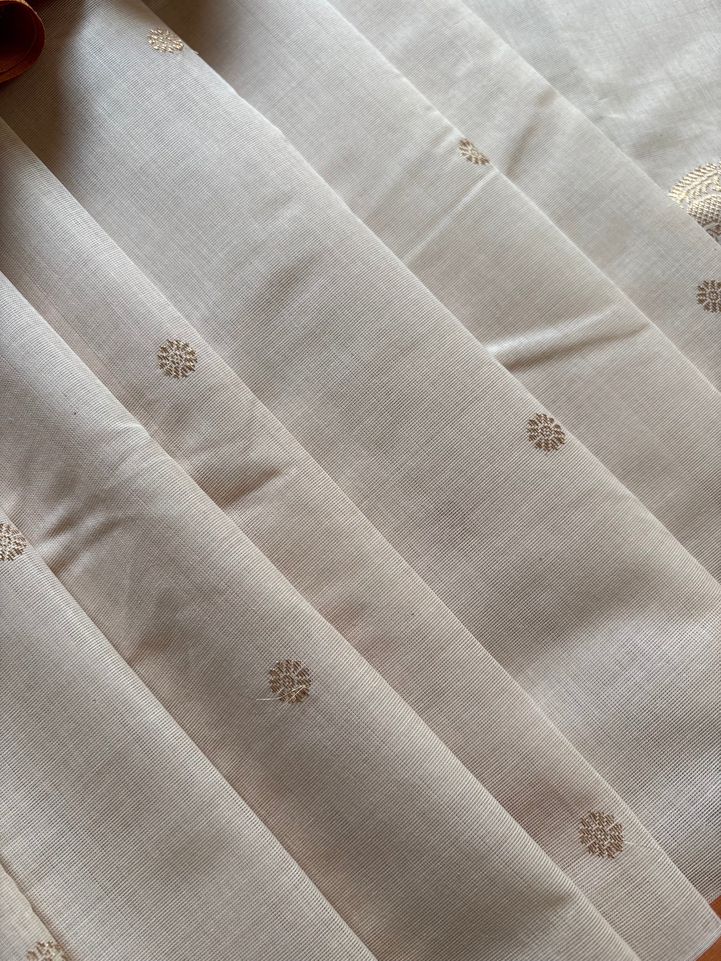 Handwoven Beige Orange Cotton Kanchipuram Saree