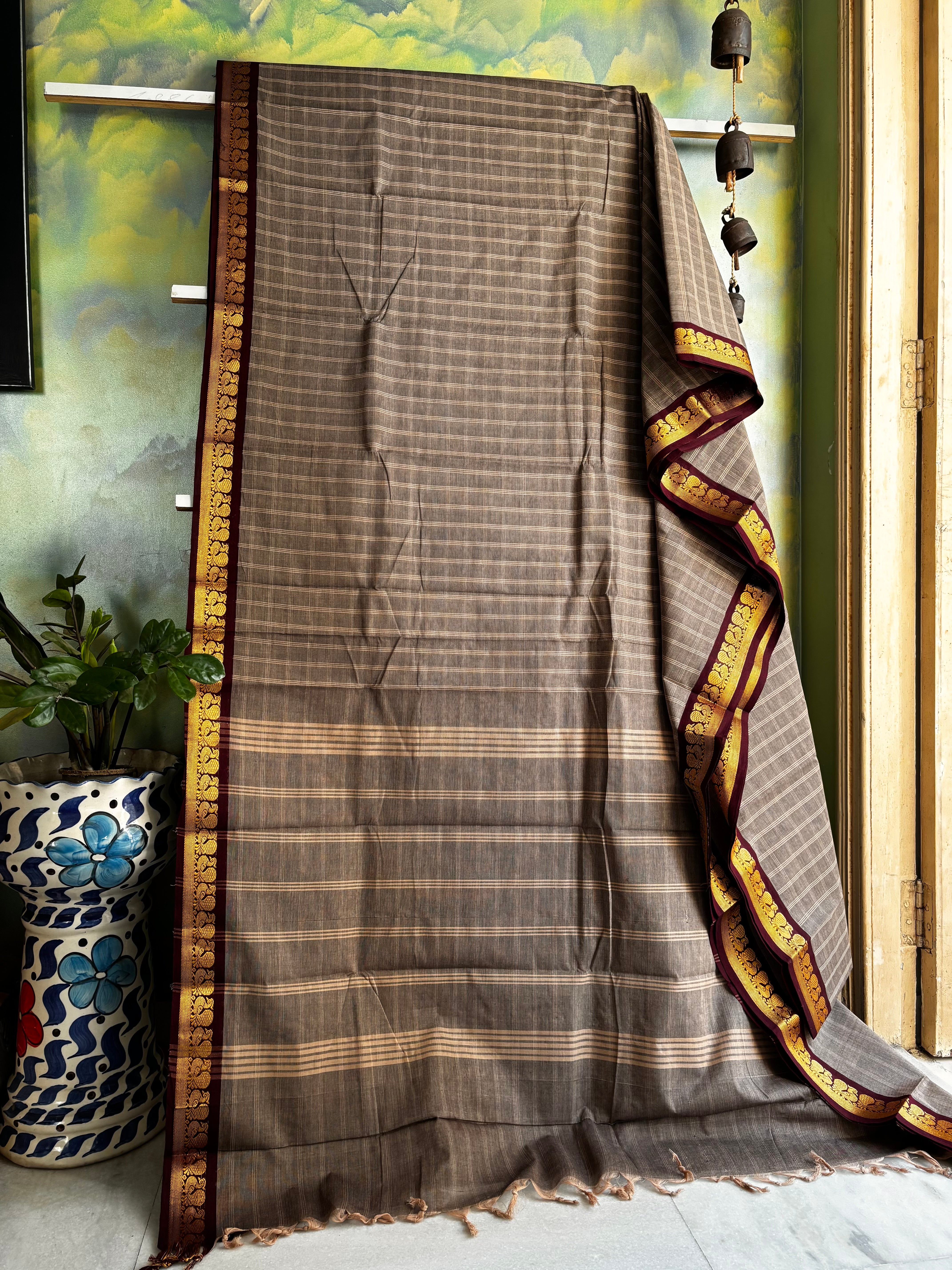 Pure Cotton Grey Kanchi Saree