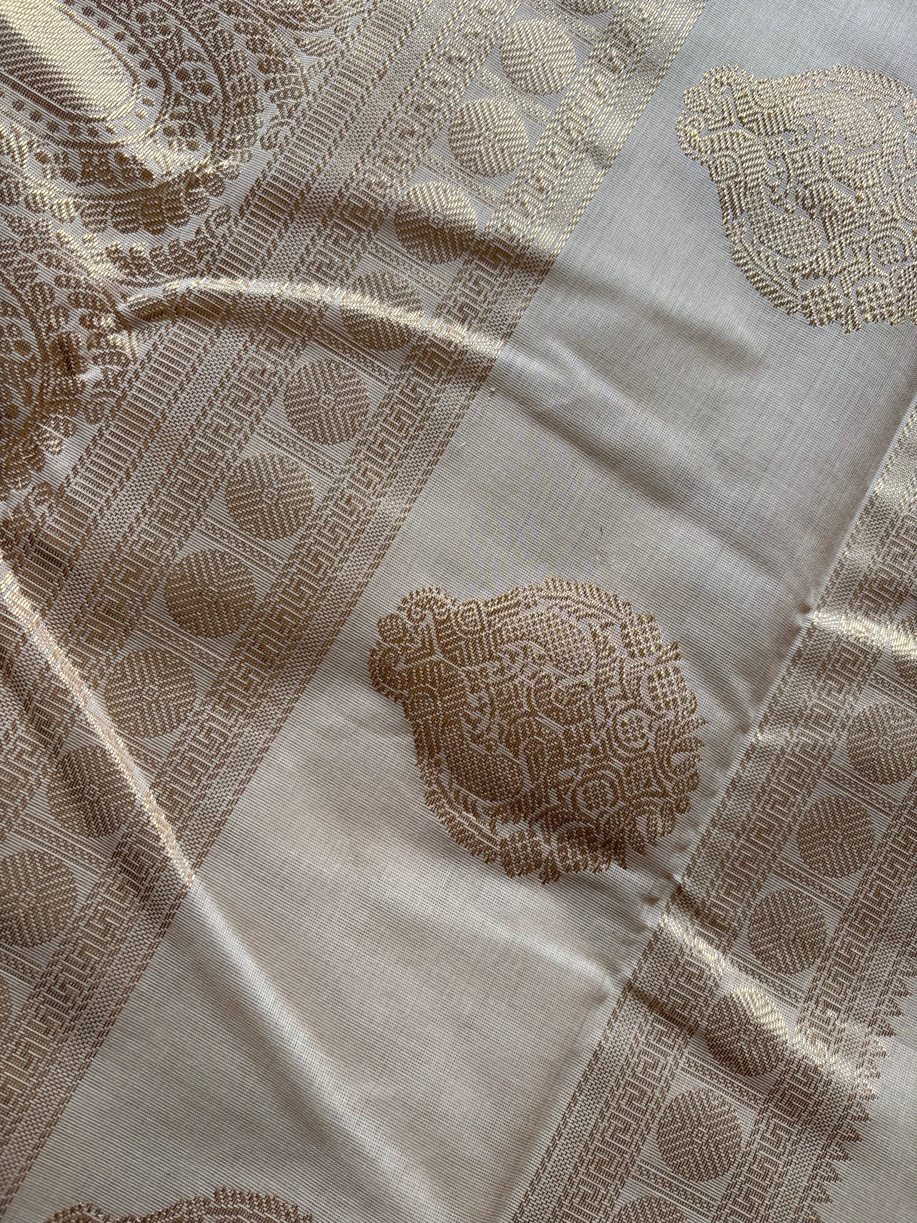 Handwoven Beige Orange Cotton Kanchipuram Saree