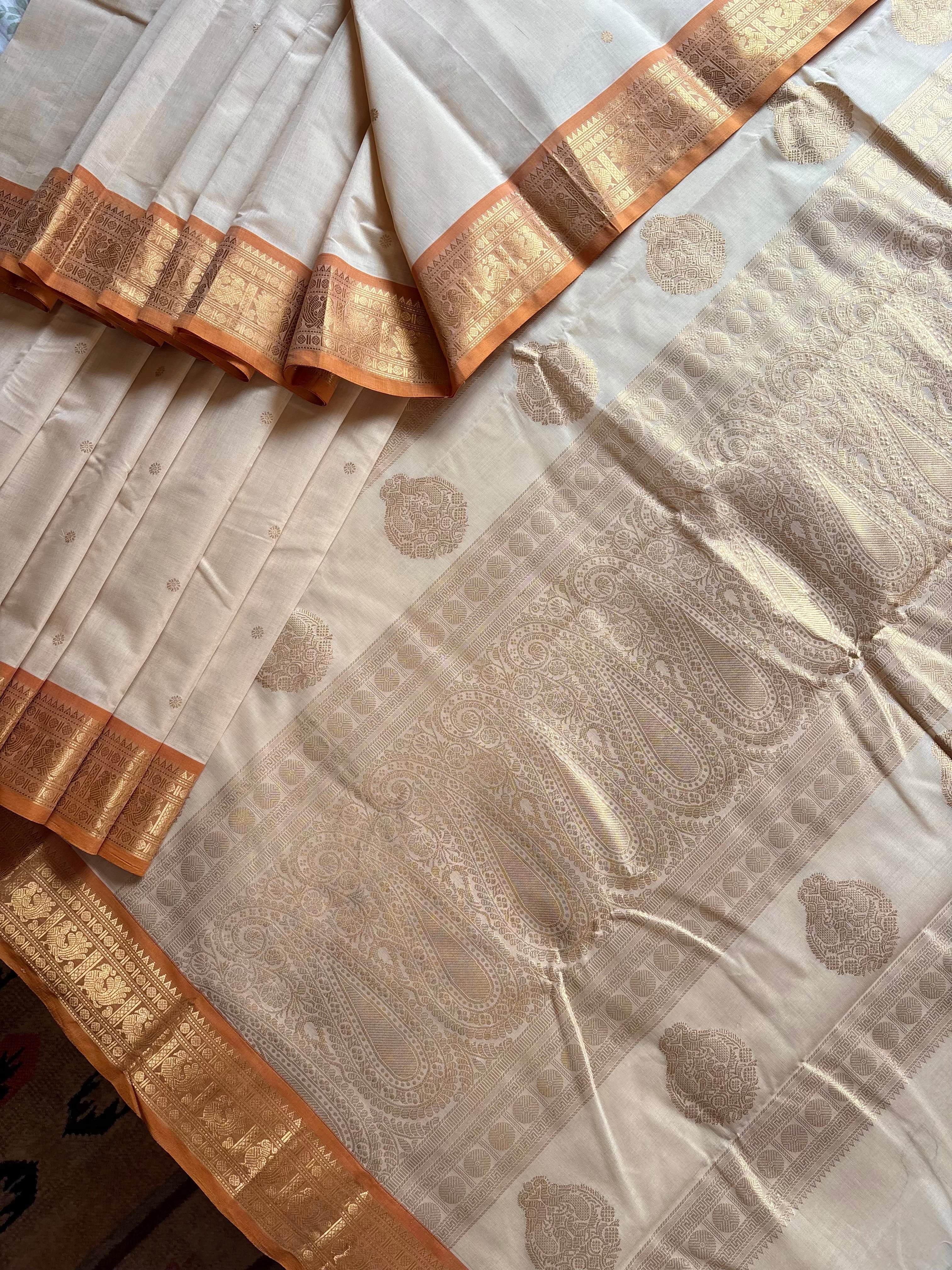 Handwoven Beige Orange Cotton Kanchipuram Saree