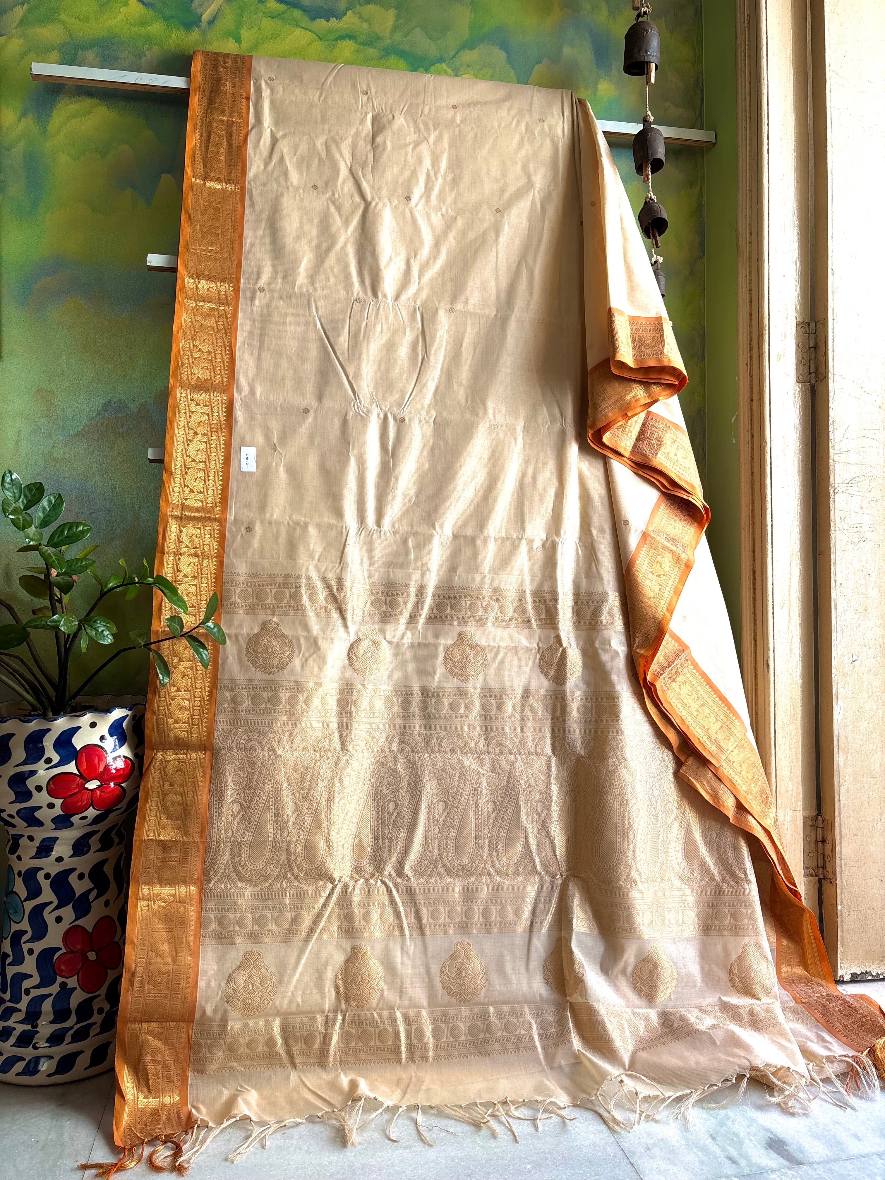 Handwoven Beige Orange Cotton Kanchipuram Saree