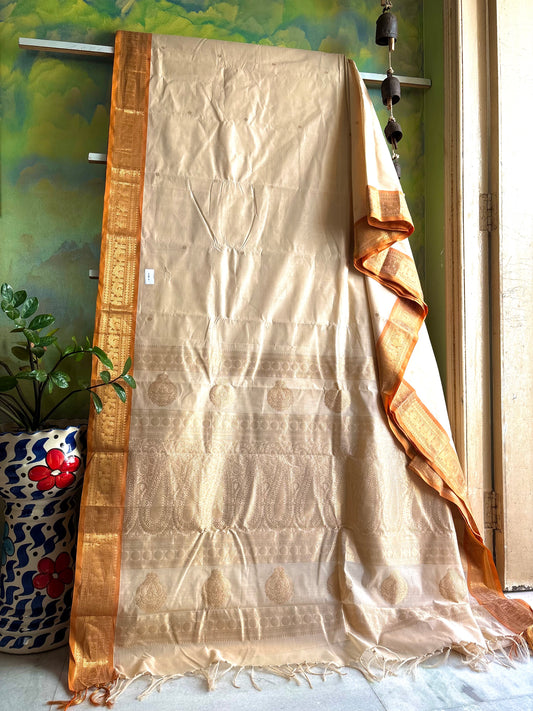 Handwoven Beige Orange Cotton Kanchipuram Saree