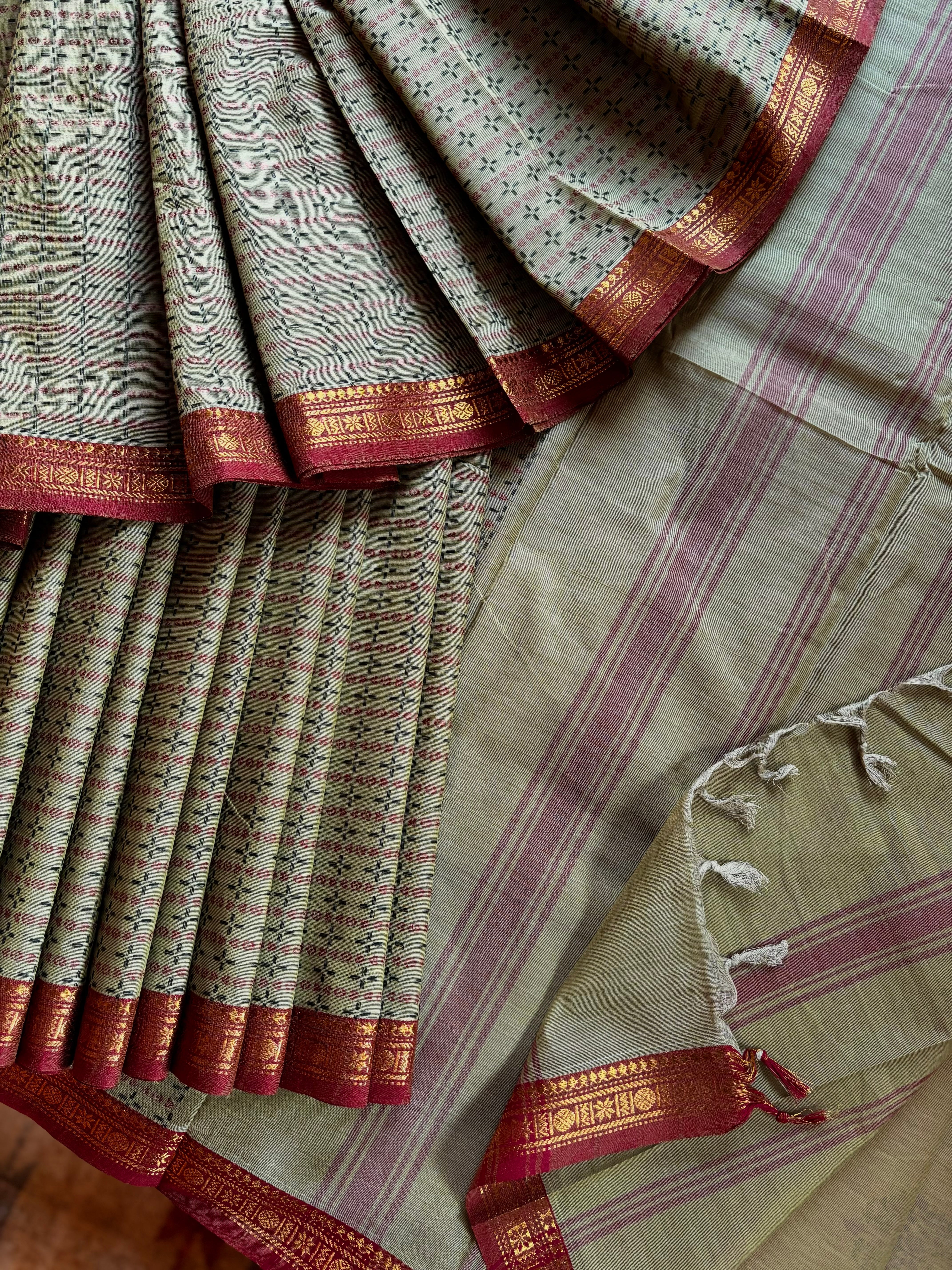 Pure Cotton Light Olive Colour Kanchi Saree
