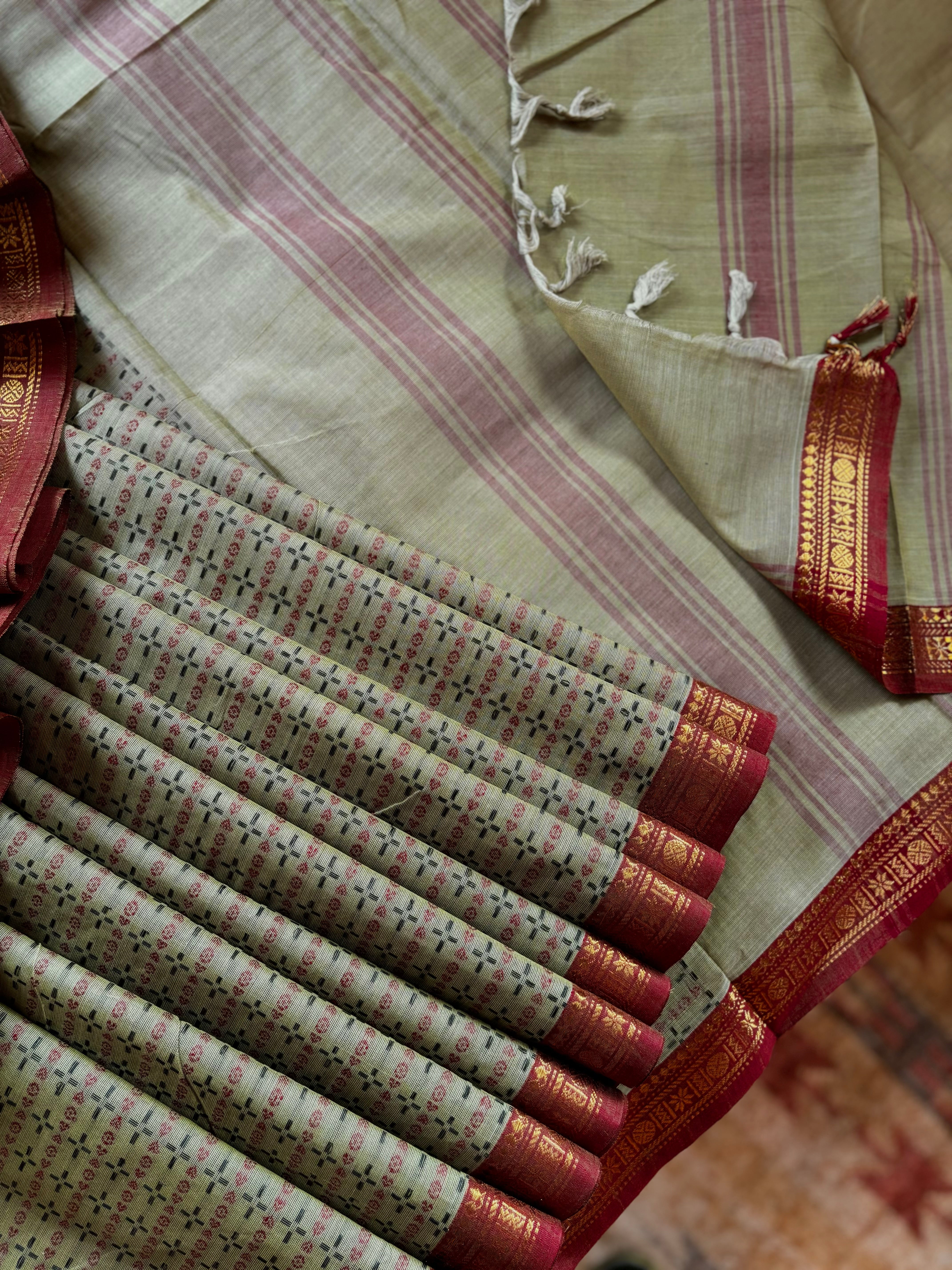 Pure Cotton Light Olive Colour Kanchi Saree