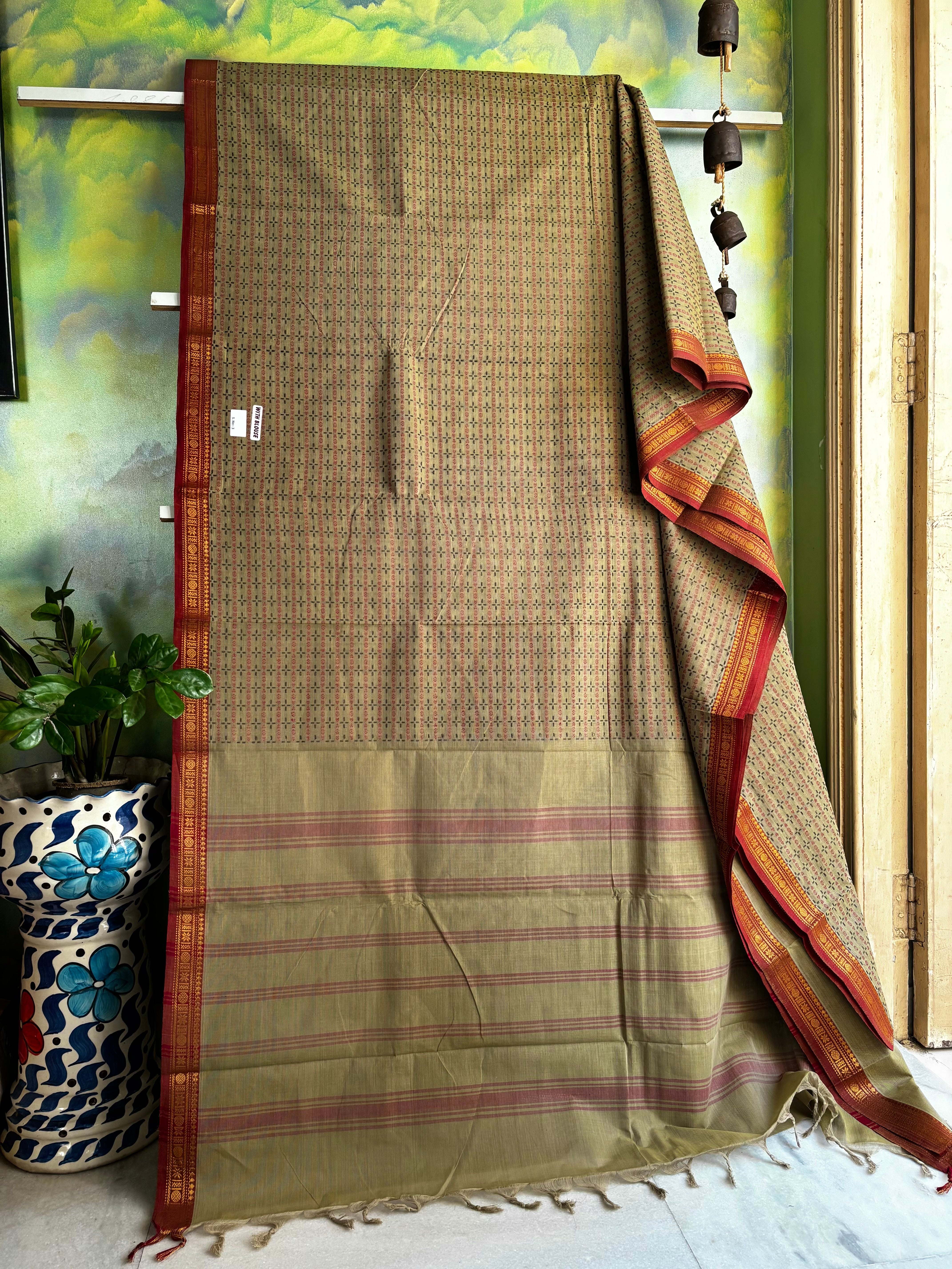 Pure Cotton Light Olive Colour Kanchi Saree