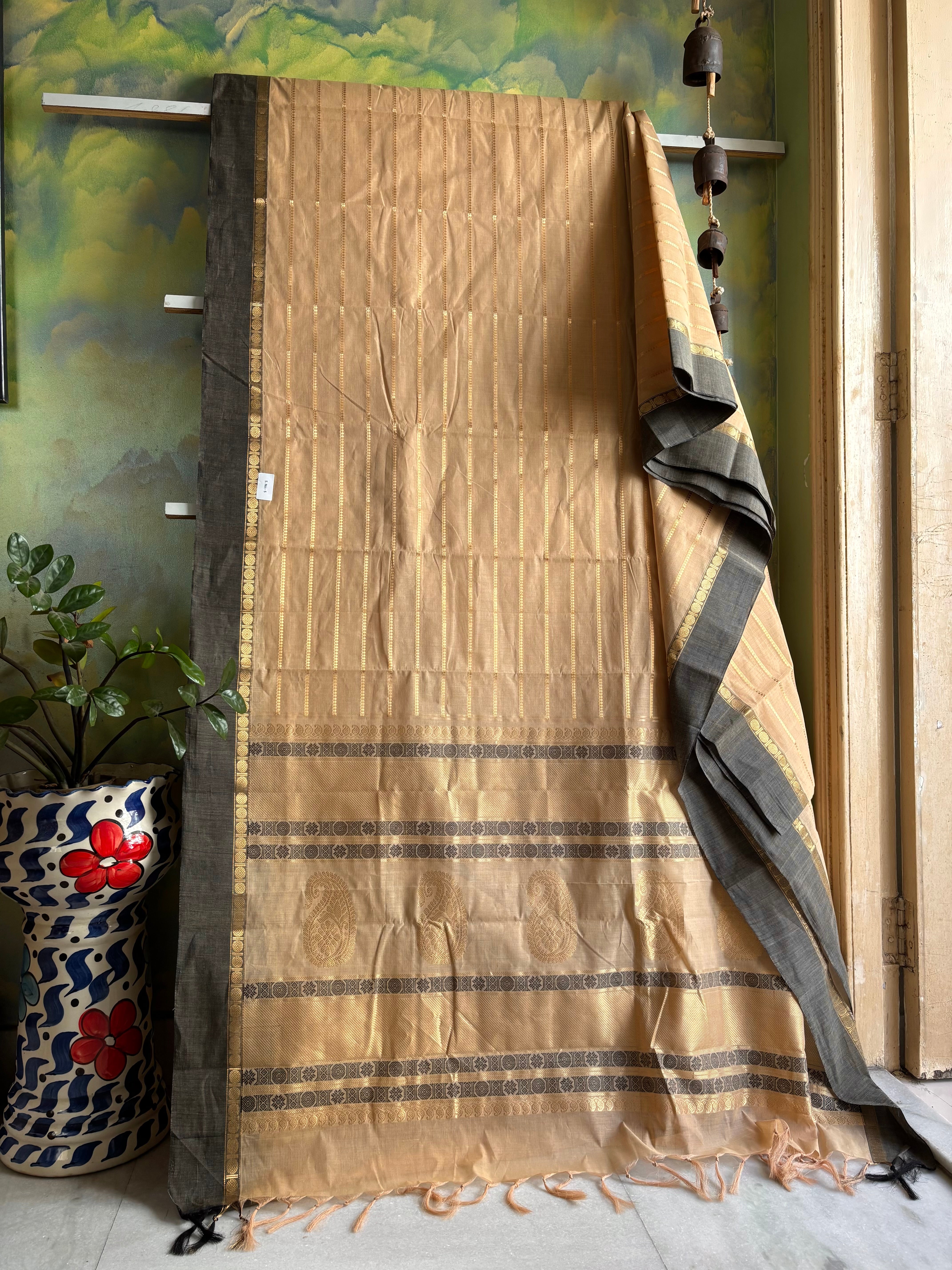 Handwoven Sandal Gold Cotton Kanchipuram Saree