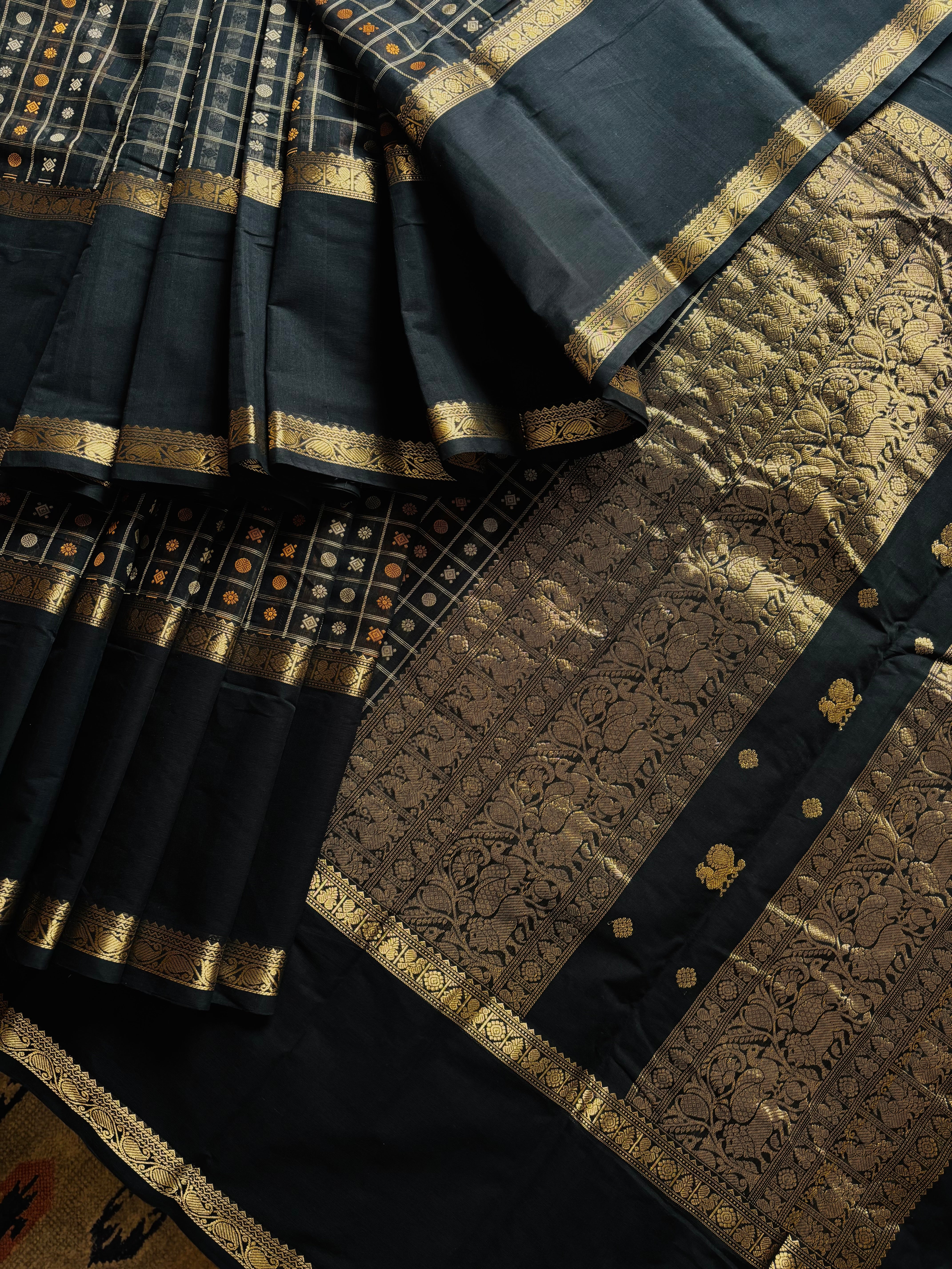 Handwoven Black Colour Kanchipuram Aayirum Butta Cotton Saree